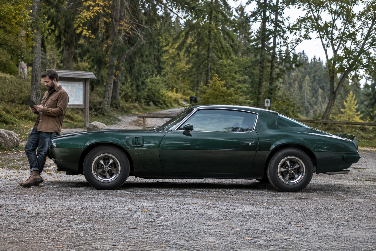 Pontiac Autoversicherung: Grünes klassisches Coupé mit Mann vor einer Waldkulisse