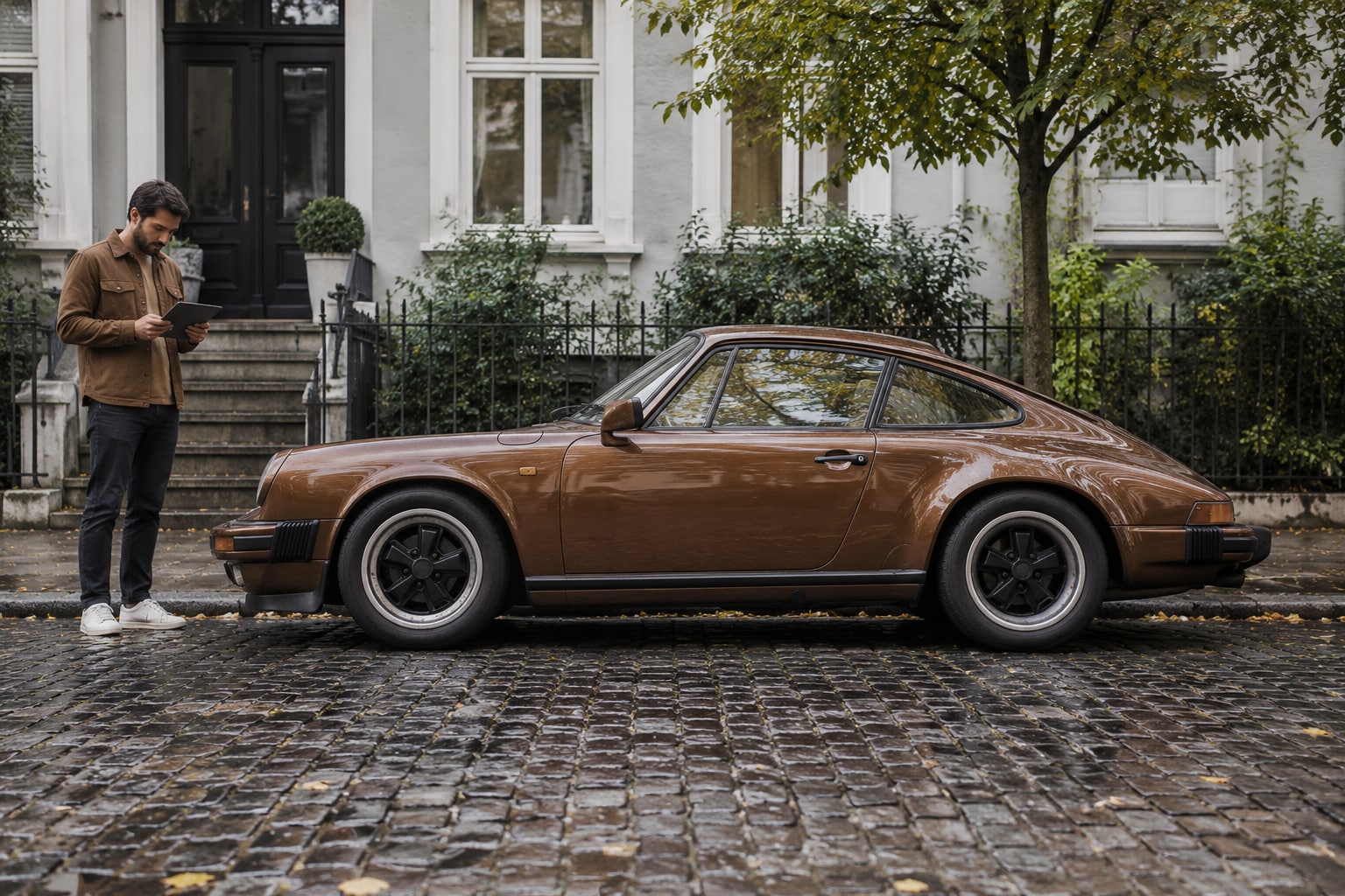 Bronzefarbenes klassisches Sportcoupé mit Mann vor einem Haus: Porsche 911 Kfz-Versicherung