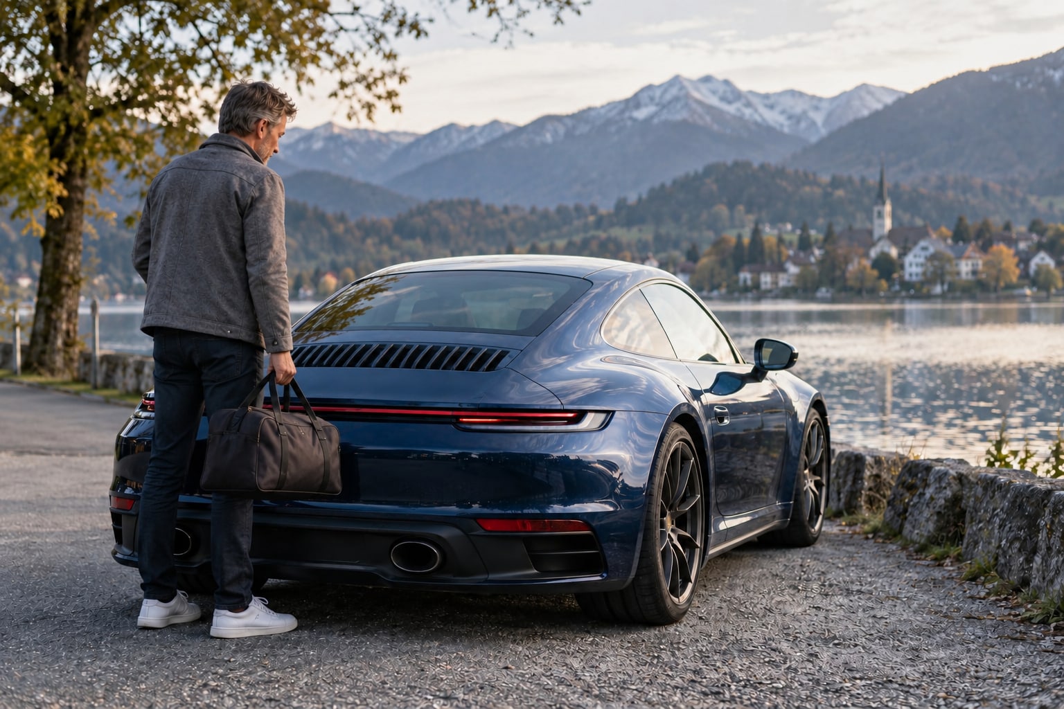 Porsche Autoversicherung: Straßennutzung und Trackdays brauchen unterschiedliche Vereinbarungen. Porsche Autoversicherung: Fahrer mit Reisetasche neben einem dunkelblauen Sportcoupé am See
