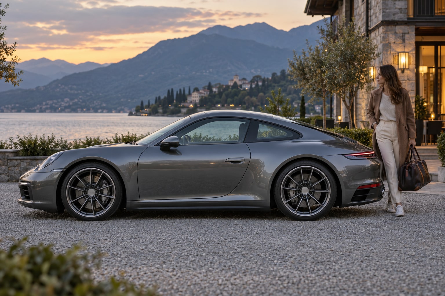 Porsche Kfz-Versicherung: Sportwagen, Macan-SUV und Taycan-Elektromodell individuell zuordnen. Graues Sportcoupé mit Frau am See: Porsche Autoversicherung