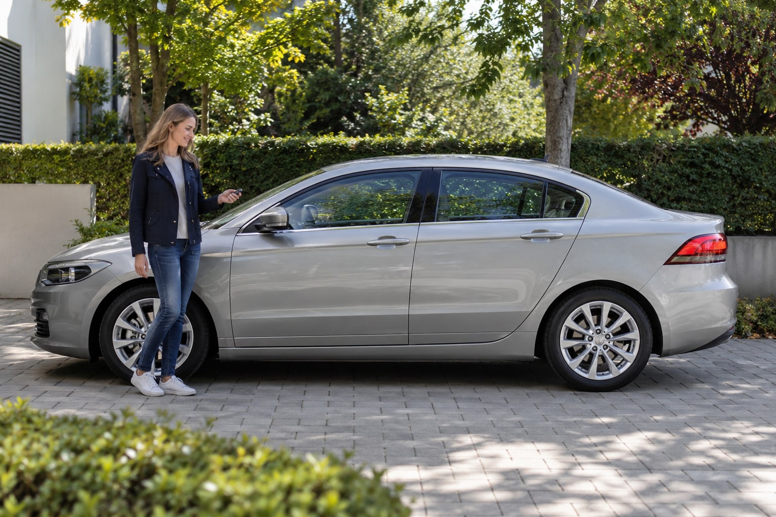 Silberne Limousine mit Frau vor einem Garten: Qoros Autoversicherung