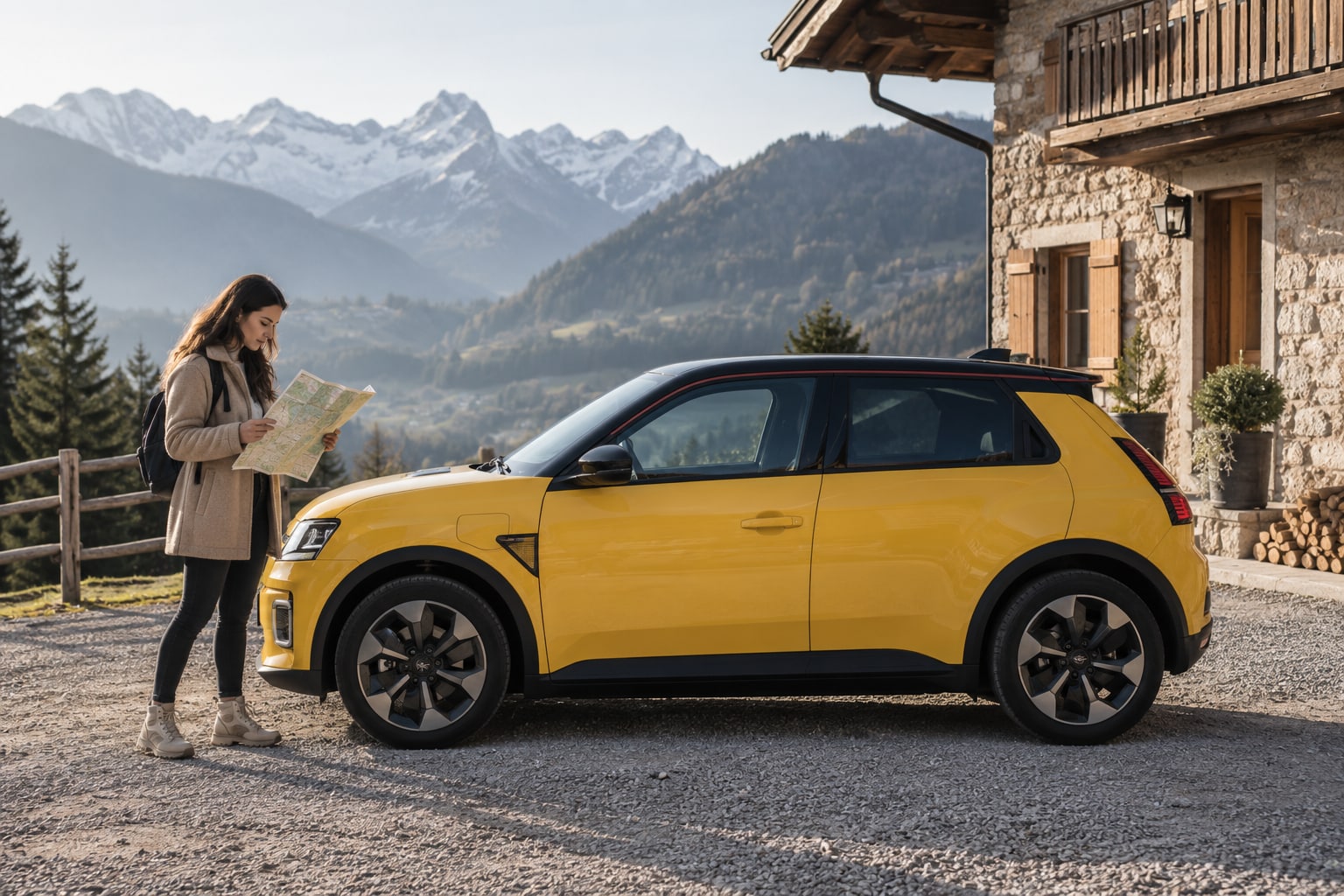 Renault Kfz-Versicherung: Welcher Versicherer steht hinter Ihrem Mobilize-Angebot? Renault Mobilize Autoversicherung: Frau liest eine Karte neben einem gelben Elektro-Kleinwagen vor einem Berggasthof