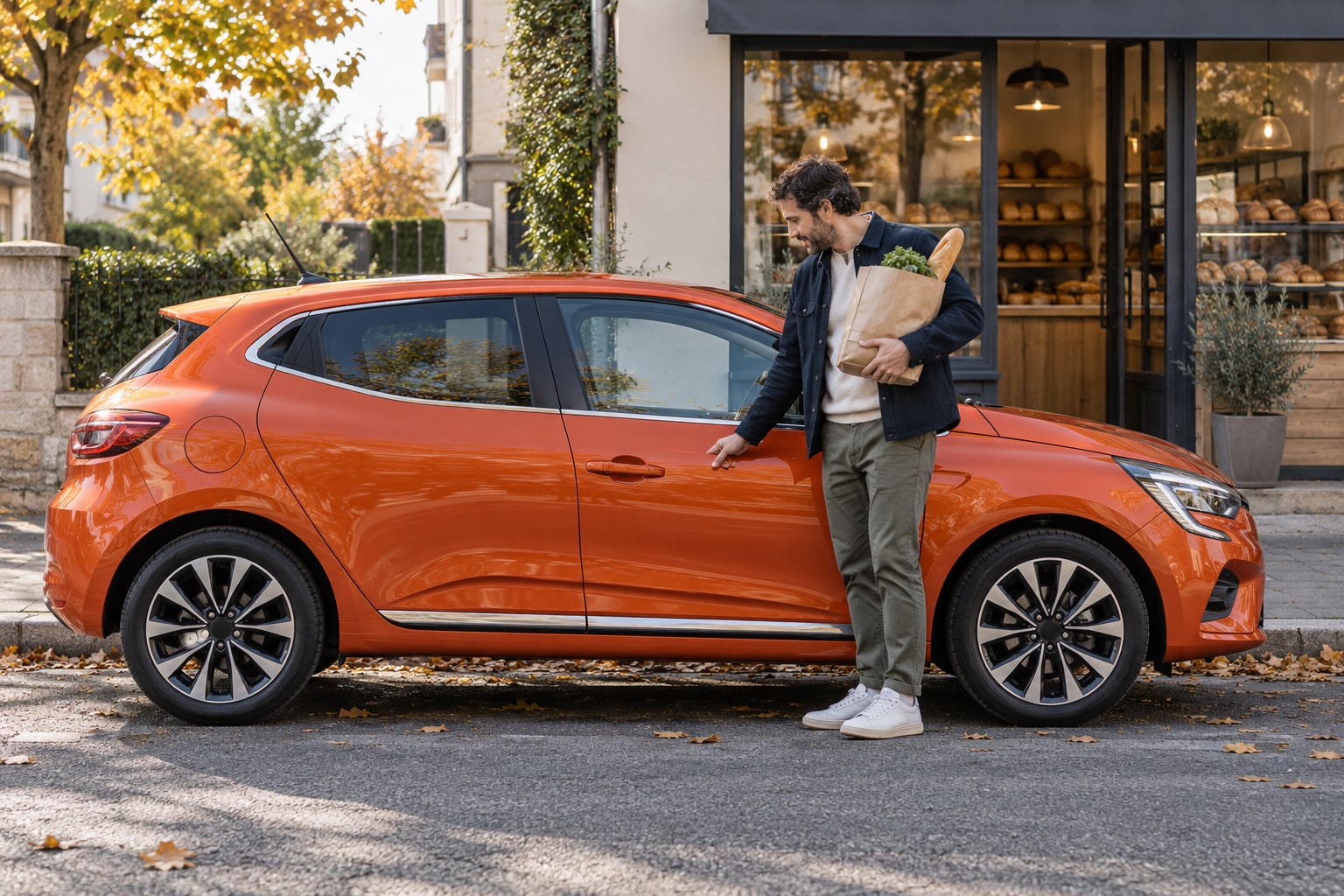 Renault Kfz-Versicherung: Benziner, Vollhybrid und Zoe-Elektroauto mit ihrem eigenen Fahrzeugprofil vergleichen. Orangefarbener Schrägheckwagen mit Paar vor einem Haus: Renault Autoversicherung