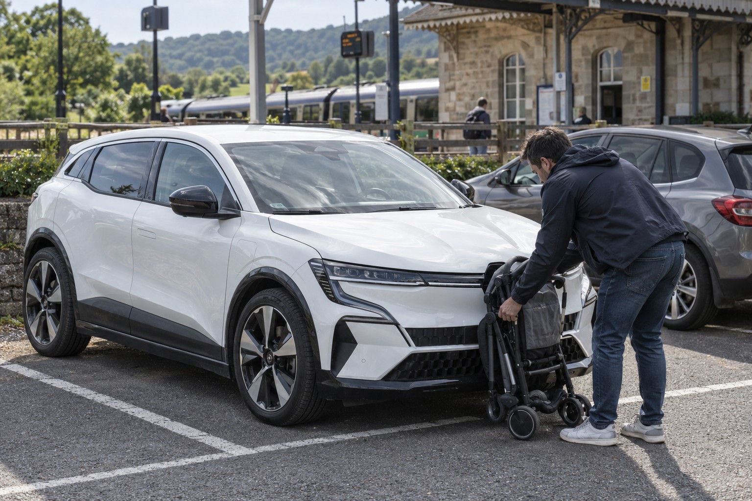 Renault Mégane E-Tech Electric – Elektro-Kompaktwagen und Ladeausstattung Mann mit Kinderwagen vor einem weißen Mégane E-Tech Electric am Bahnhof