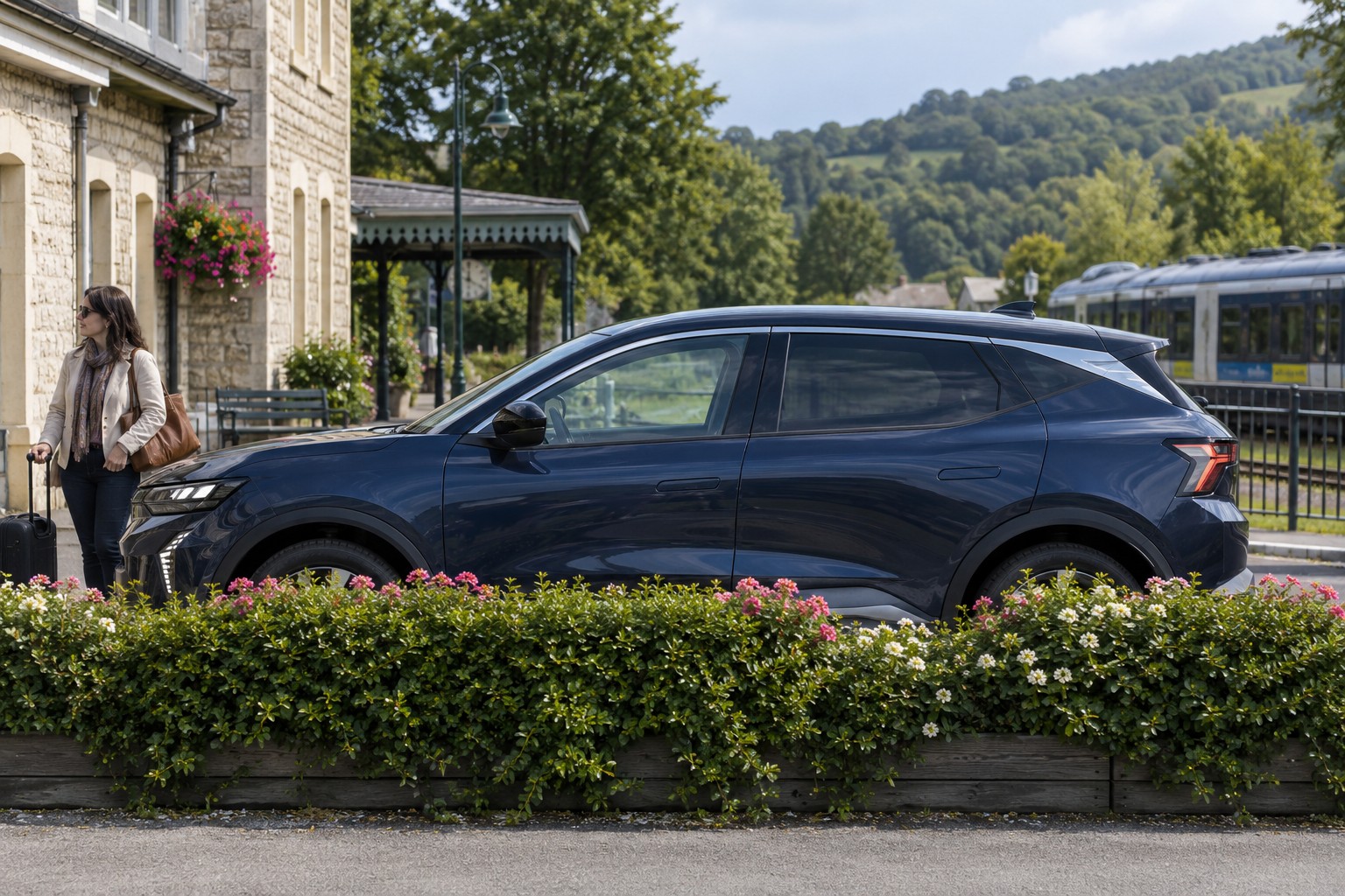 Renault Scénic E-Tech Electric – Fahrzeug und Versicherung Renault Scénic E-Tech Electric im Seitenprofil; dunkelblauer Wagen mit natürlichen Vordergrundpflanzen