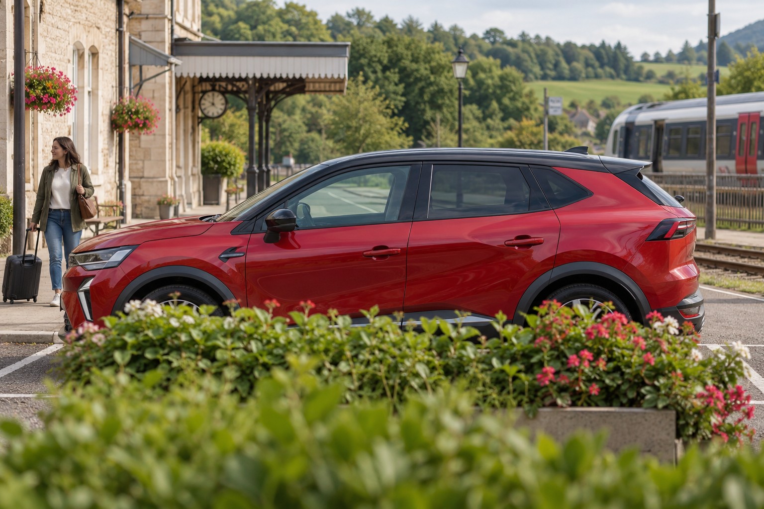 Renault Symbioz – Fahrzeug und Versicherung Renault Symbioz im Seitenprofil; roter Wagen mit natürlichen Vordergrundpflanzen
