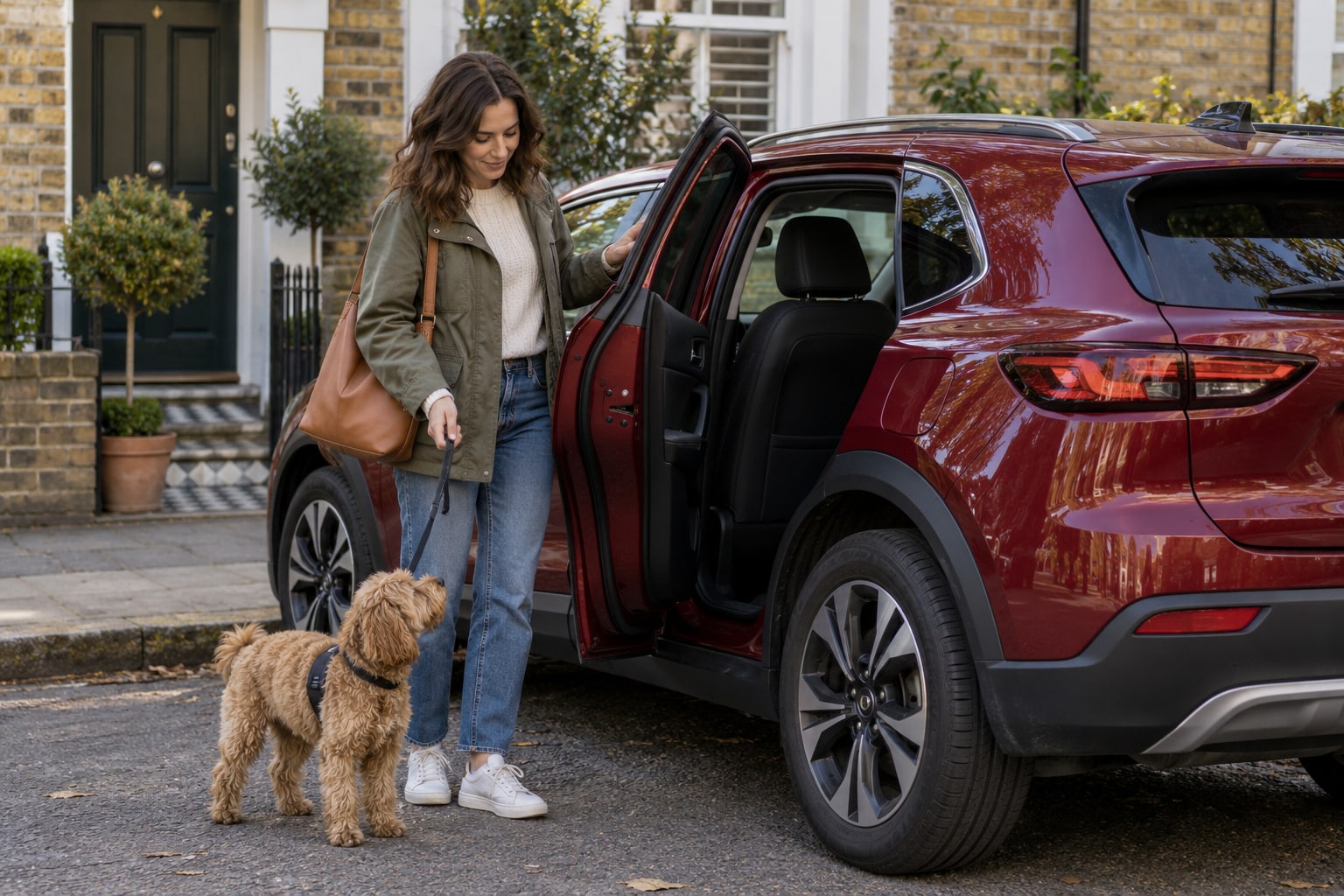 rhion Autoversicherung: Frau mit Hund öffnet die hintere Tür eines roten SUV vor einem Wohnhaus