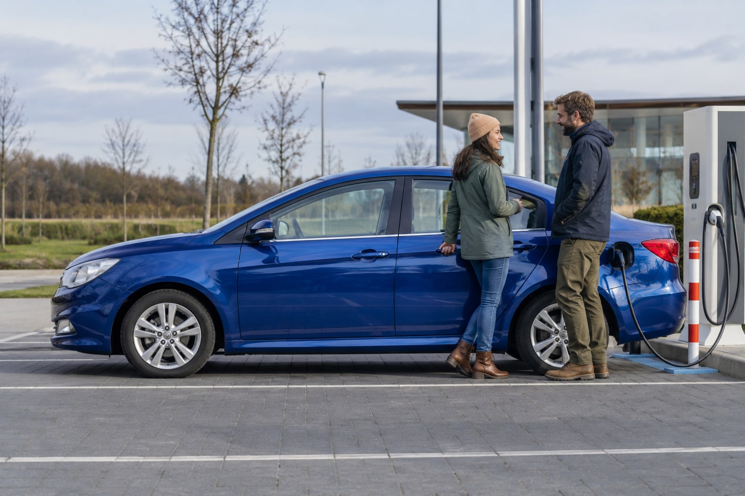 Roewe 350 Autoversicherung: importierte Limousine mit eigenen Zulassungs- und Typdaten erfassen. Blaue Limousine mit Paar auf einem Platz: Roewe 350 Kfz-Versicherung