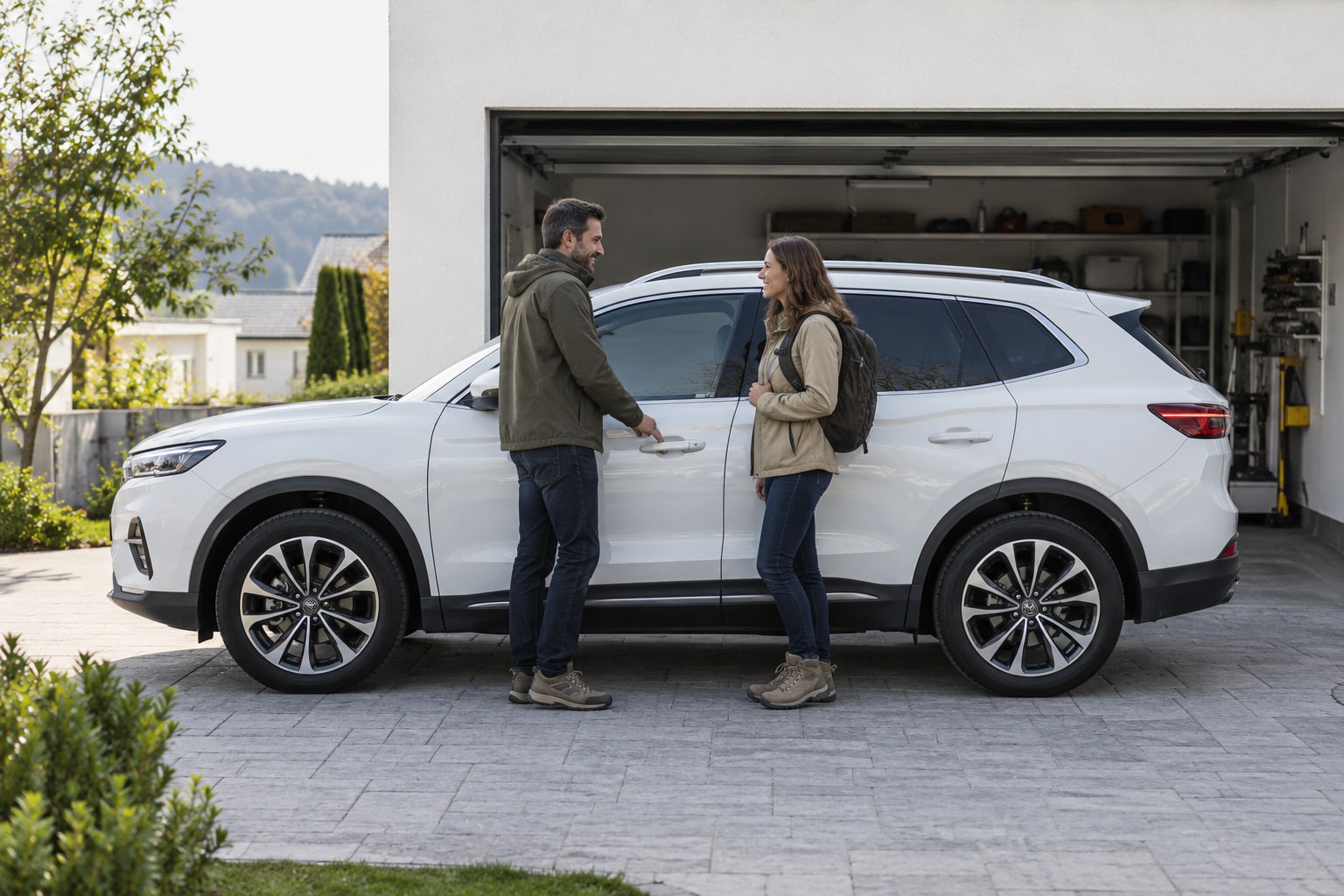 Weißer SUV mit Paar an einer Garage: Roewe RX5 Autoversicherung