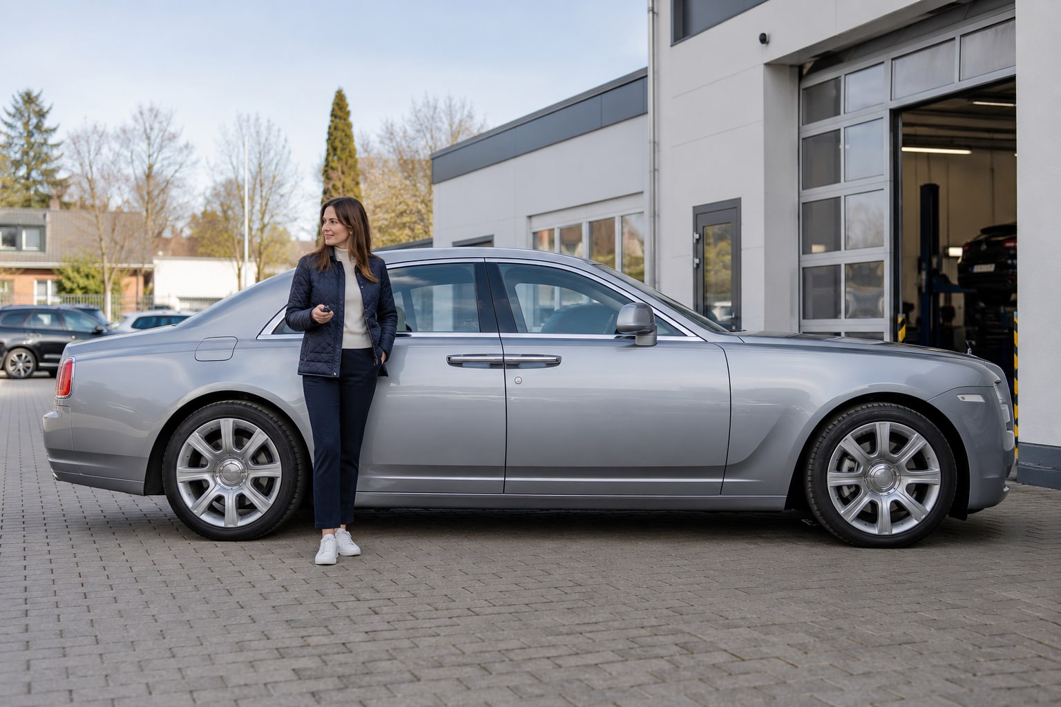 Rolls-Royce Ghost Kfz-Versicherung: Generation, Extended-Radstand und Bespoke-Ausstattung getrennt erfassen. Silberne große Limousine mit Frau vor einem Glasgebäude: Rolls-Royce Ghost Kfz-Versicherung