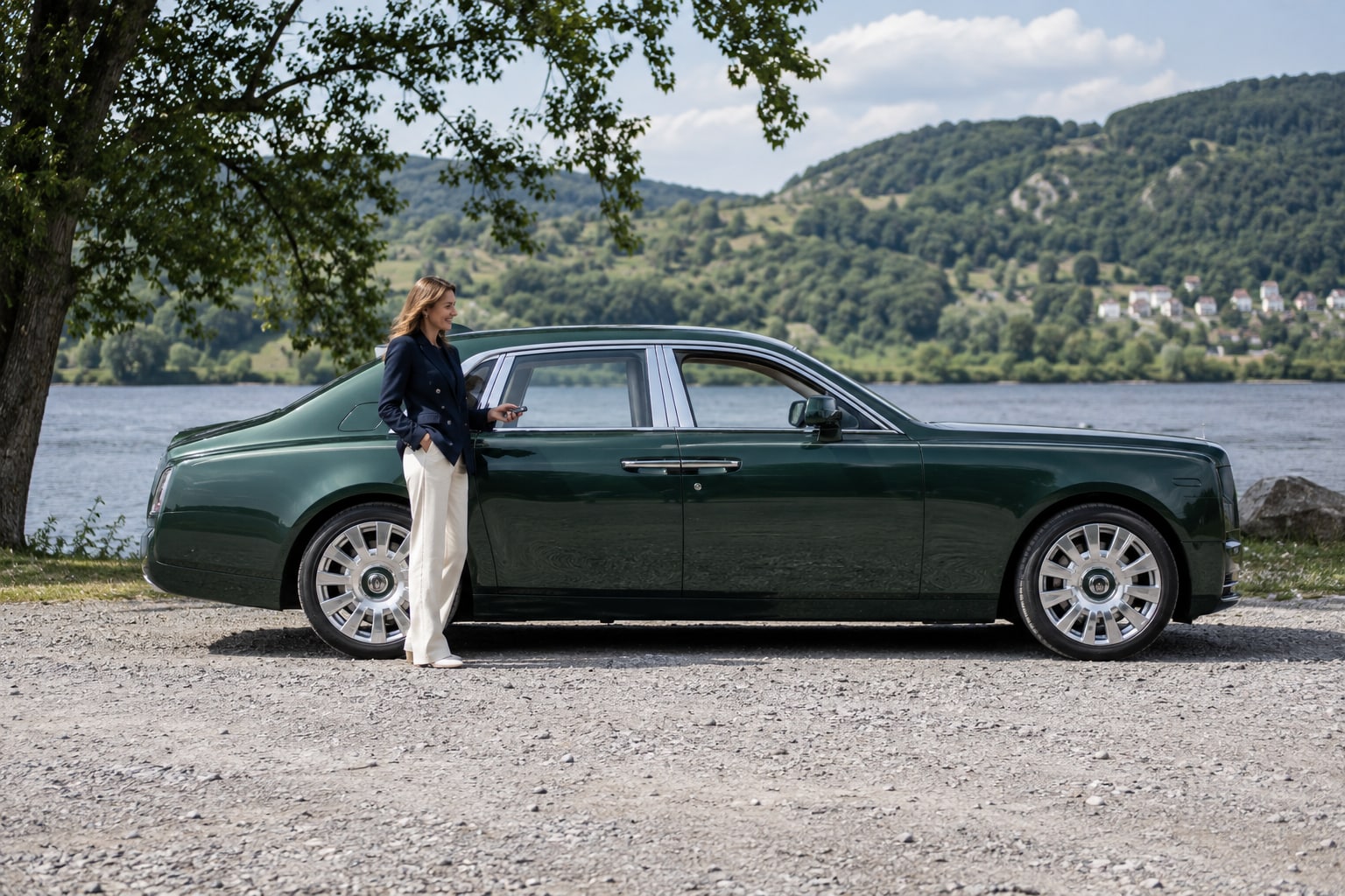 Rolls-Royce Phantom: grüne große Limousine mit Frau auf einer Einfahrt