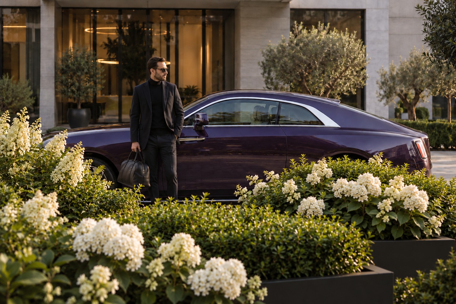 Rolls-Royce Spectre – Fahrzeug und Versicherung Rolls-Royce Spectre im Straßenmotiv mit natürlichen Pflanzen und Personen im Vordergrund
