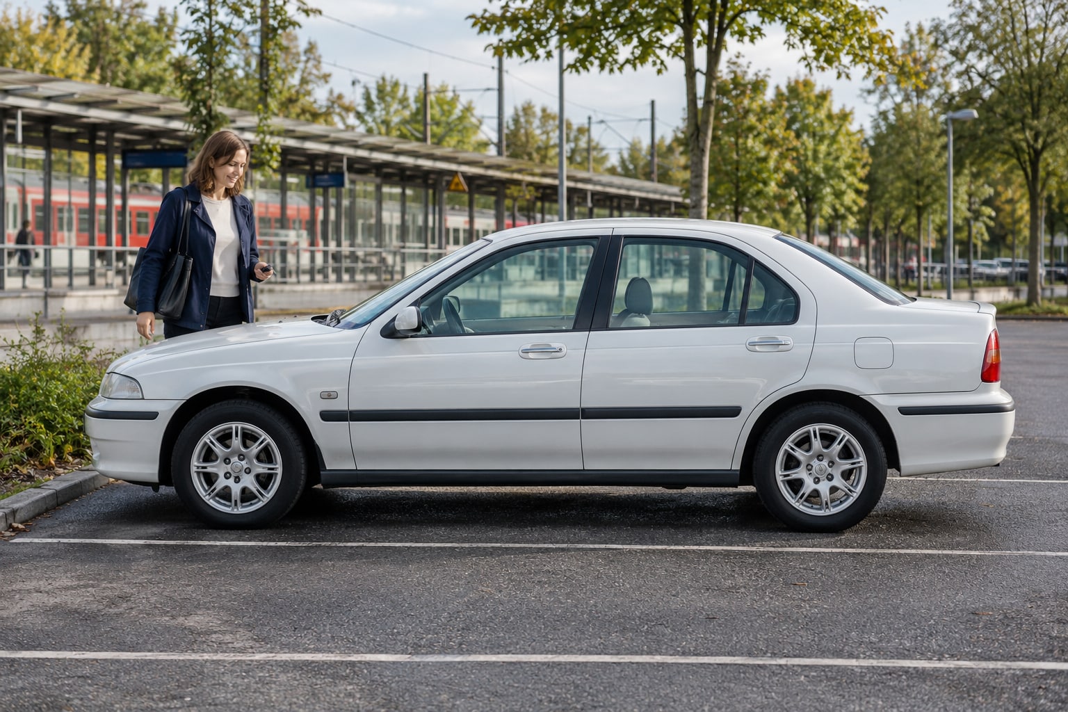 Rover 45: weiße Limousine mit Frau an einem überdachten Parkplatz