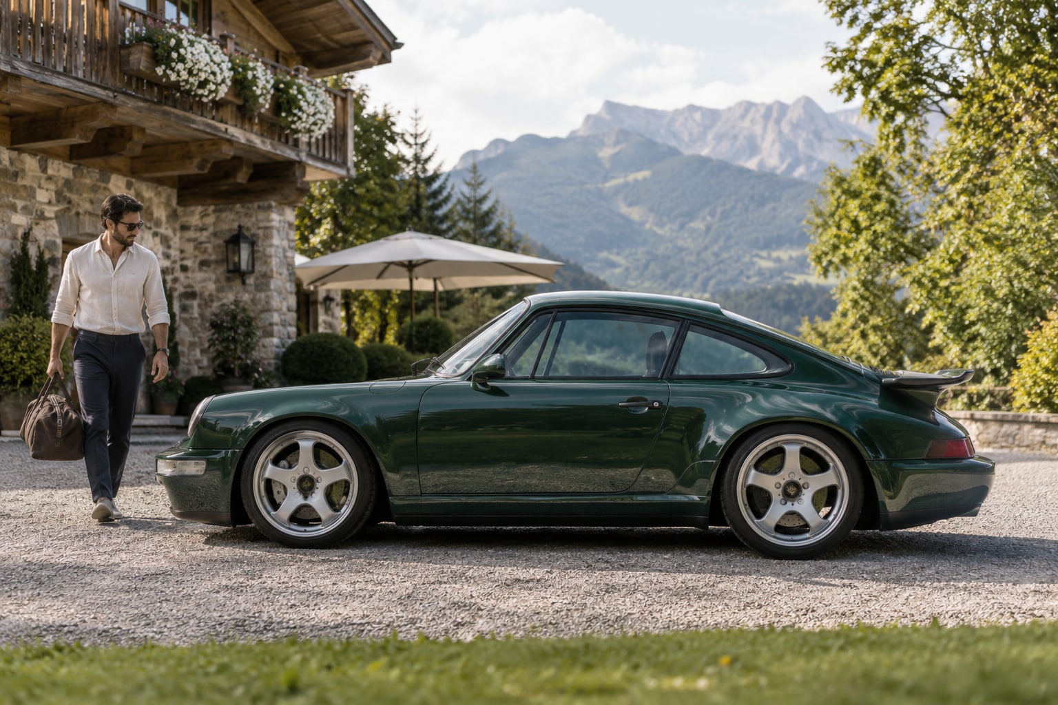 CTR Anniversary Autoversicherung: Carbonstruktur und Spezialreparatur verdienen beim Kaskovergleich besondere Aufmerksamkeit. Grünes klassisch gestaltetes Sportcoupé mit Mann vor einem Chalet: Ruf CTR Anniversary Kfz-Versicherung