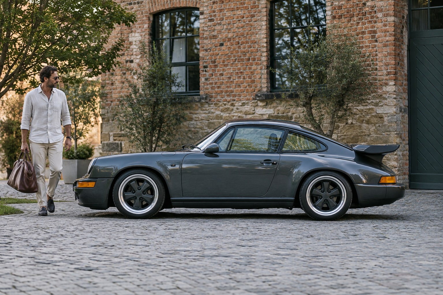 RUF CTR Kfz-Versicherung: Herkunft und Originalität des Yellowbird sind für die Wertvereinbarung zentral. Graues klassisches Sportcoupé mit Mann vor einem Backsteingebäude: Ruf CTR Kfz-Versicherung