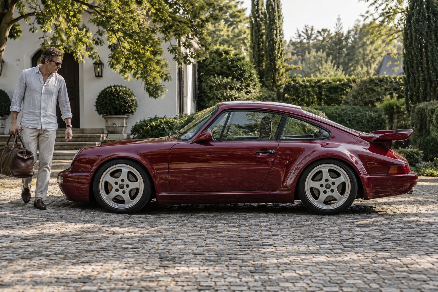 Bordeauxrotes klassisches Sportcoupé mit Mann vor einem Garten: Ruf Autoversicherung