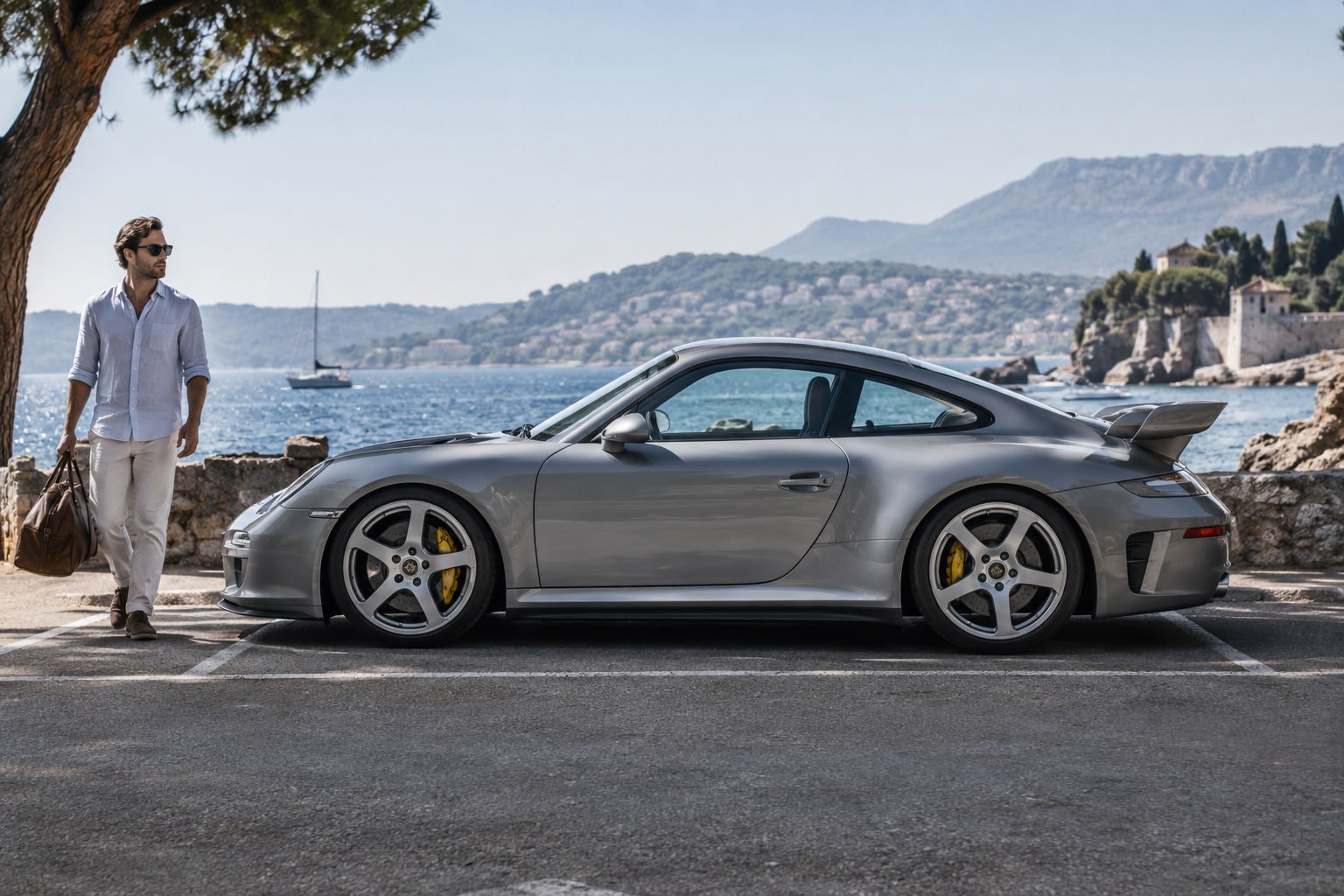Silbernes Sportcoupé mit Mann an der Küste: Ruf RT12 Autoversicherung