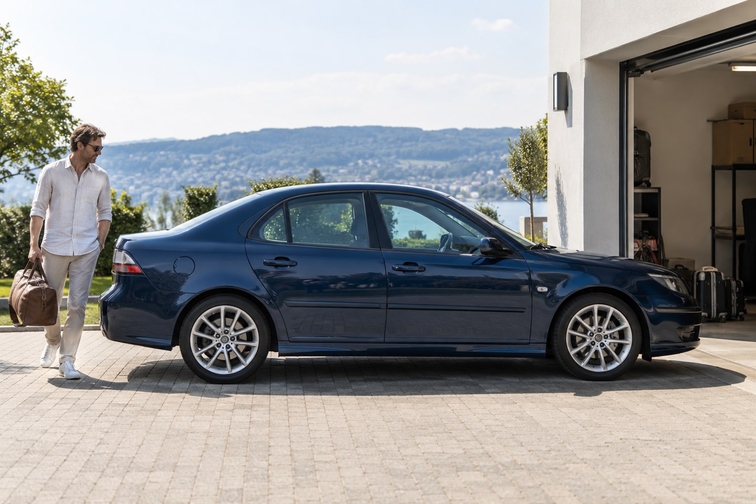 Saab 9-3 Kfz-Versicherung: XWD und SportCombi mit ihren Technikmerkmalen erfassen. Saab 9-3: blaue Limousine mit Mann vor einer Garage