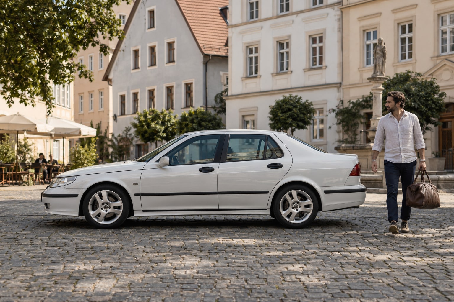 Saab 9-5 Autoversicherung: Bauzeit, Karosserie und Komfortausstattung bestimmen die passende Fahrzeugbeschreibung. Weiße Limousine mit Mann auf einem Altstadtplatz: Saab 9-5 Kfz-Versicherung