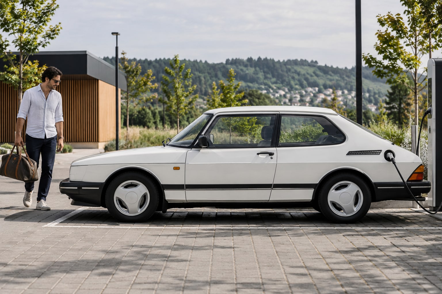 Saab 900: weiße klassische dreitürige Schräghecklimousine mit Mann auf einer Einfahrt