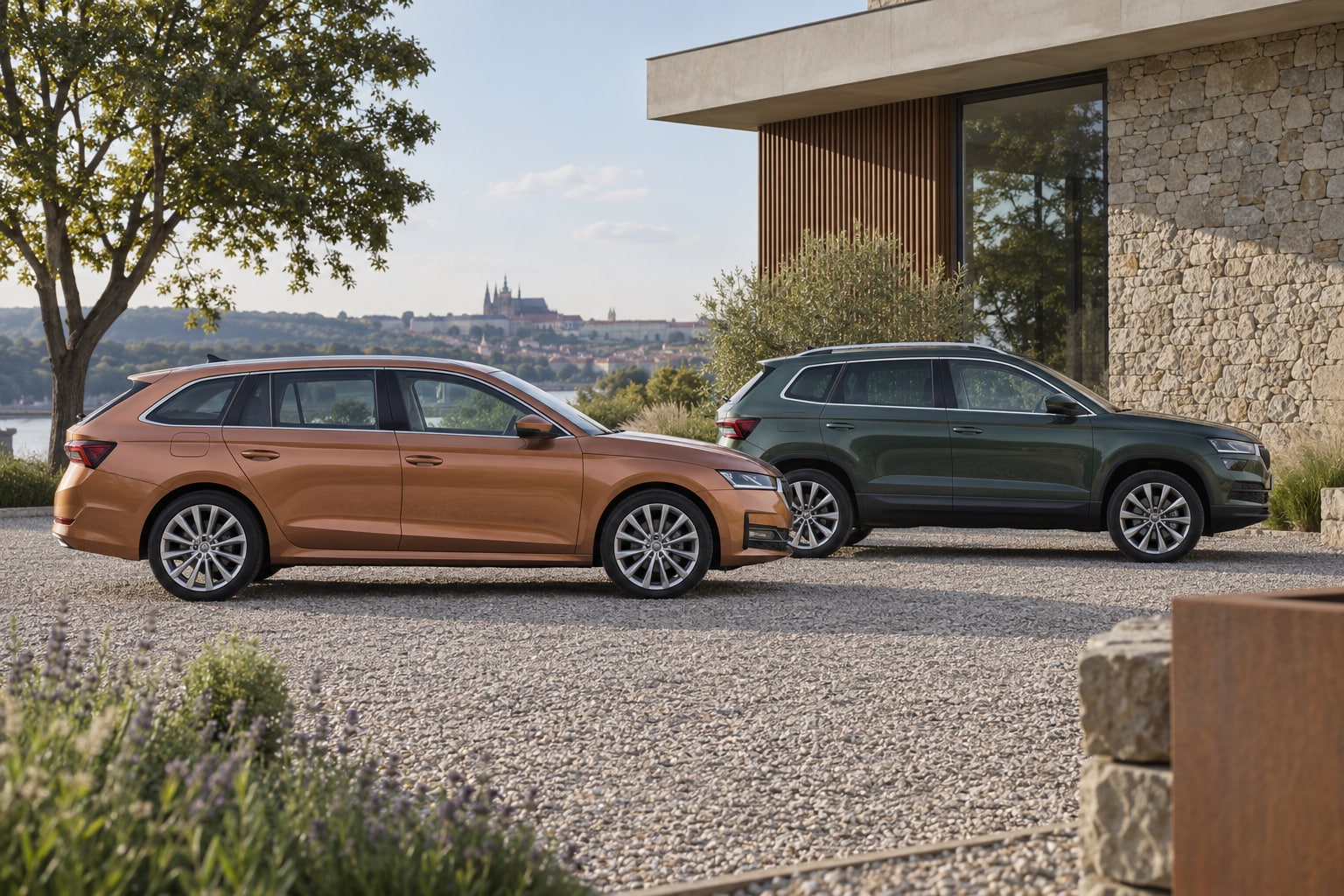 Škoda Autoversicherung: Welcher Tarif passt zu Kleinwagen, geräumigem Combi oder Familien-SUV? Škoda Autoversicherung: Kupferfarbener Kombi und dunkelgrüner SUV in Seitenansicht auf einem Hof