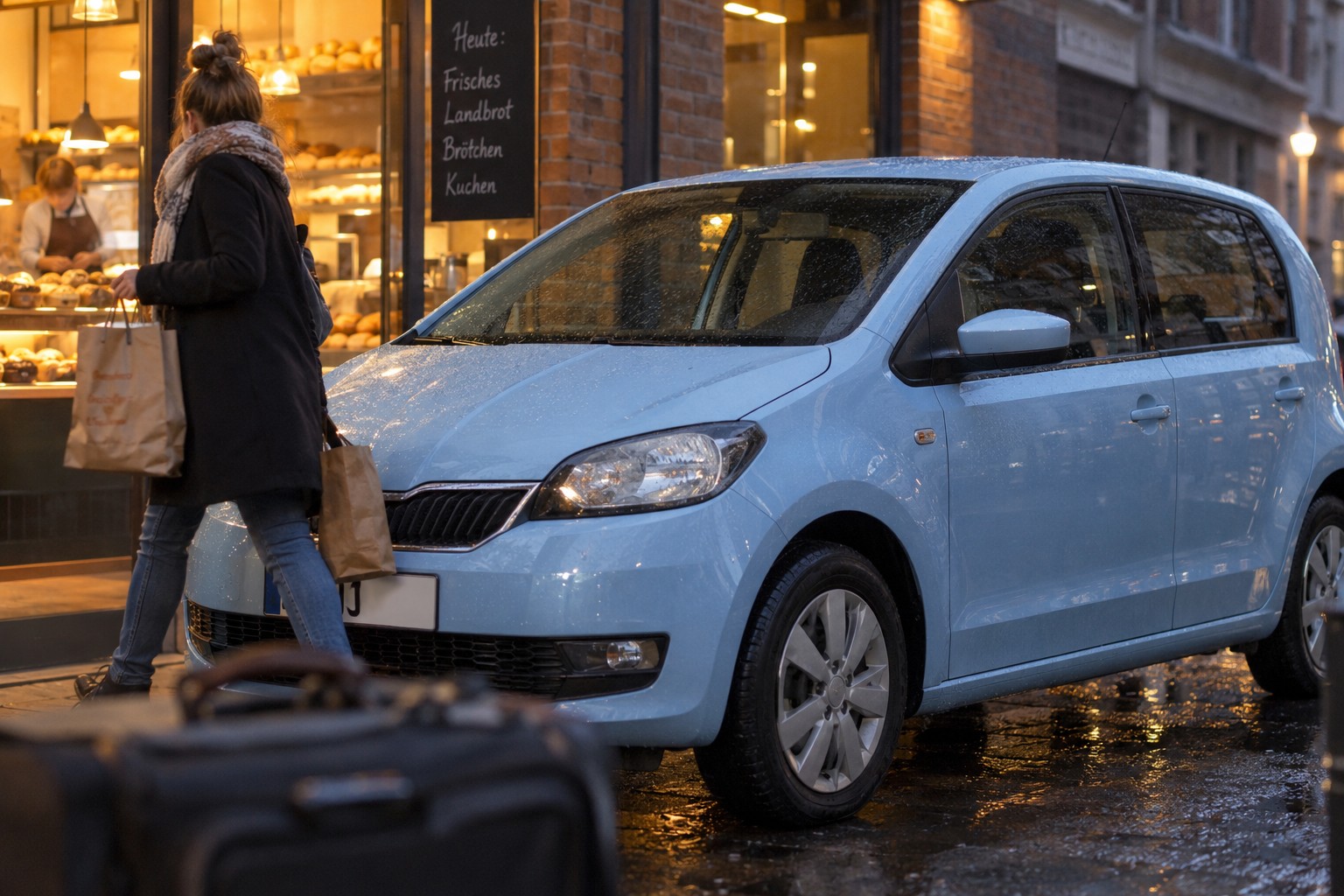 Škoda Citigo: Beim Citigo-e iV verdienen Hochvoltakku und Ladekabel eine eigene Prüfung der Kaskoleistungen. Hellblauer Škoda Citigo vor einer Bäckerei auf nasser Straße