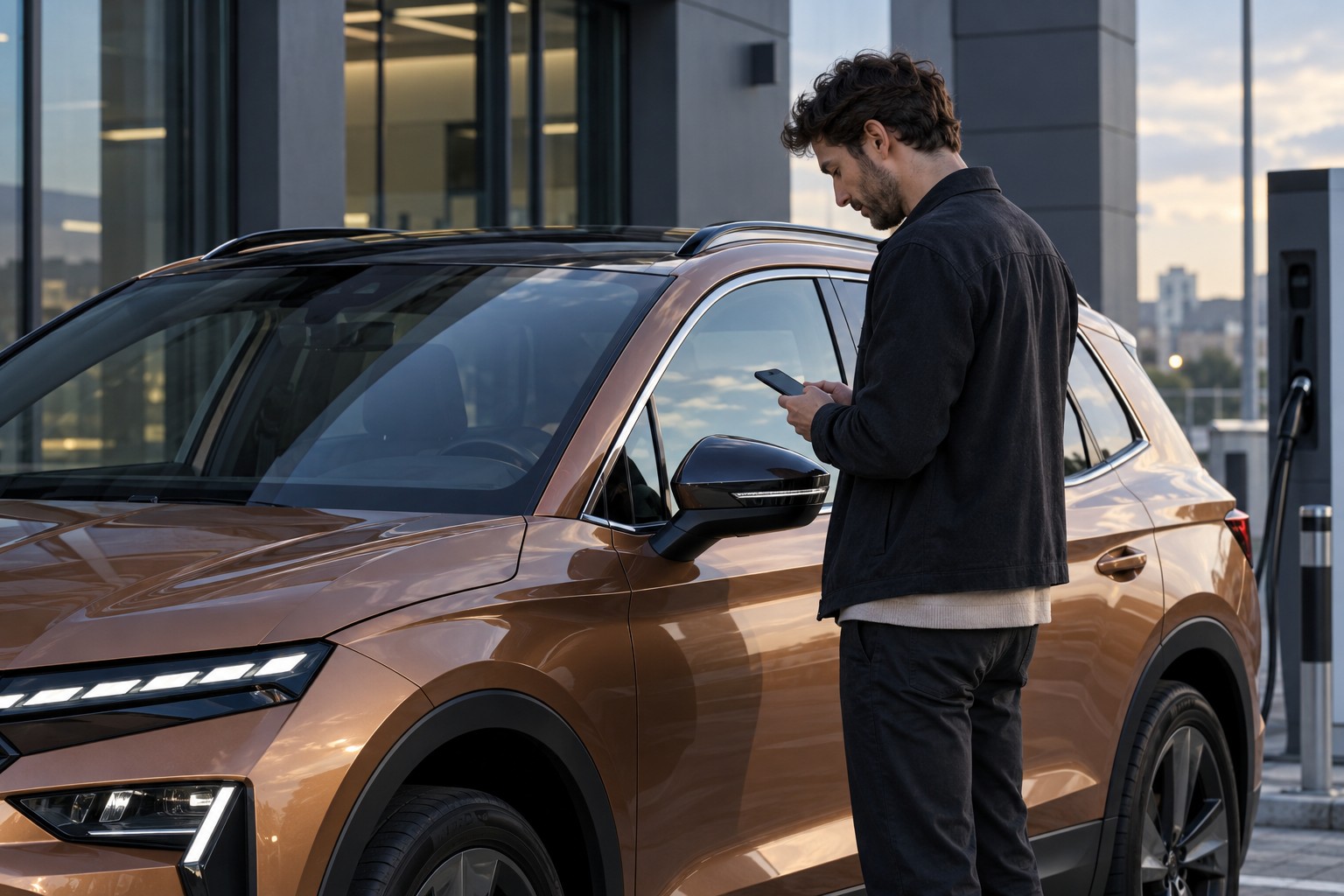 Frau mit Smartphone neben einem bronzefarbenen Skoda Elroq an einer Ladestation