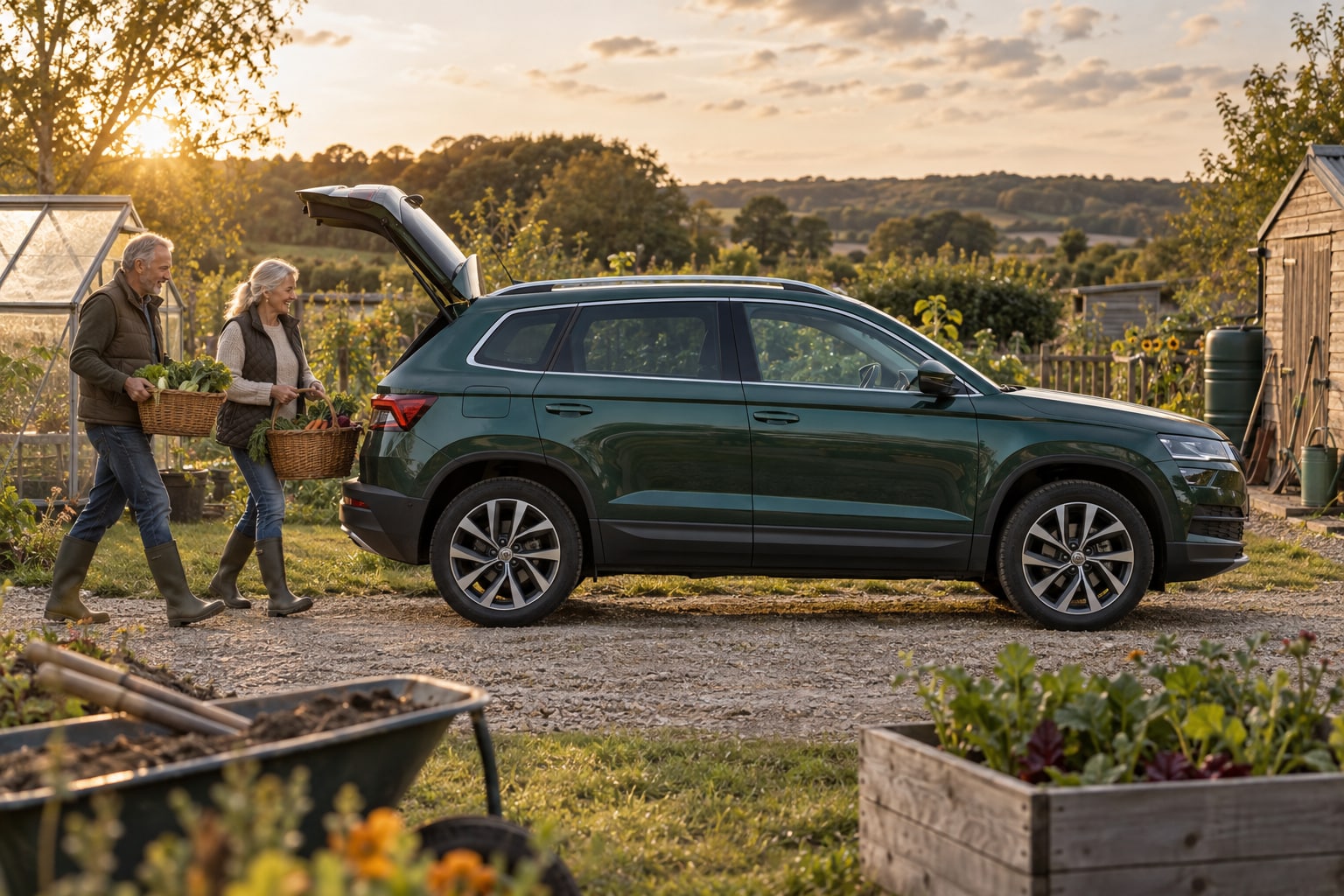 Škoda Karoq versichern: Familienfahrer, Tierkollisionen und Vollkasko im Tarifvergleich. Paar mit Einkaufskörben neben einem grünen Škoda Karoq mit geöffneter Heckklappe