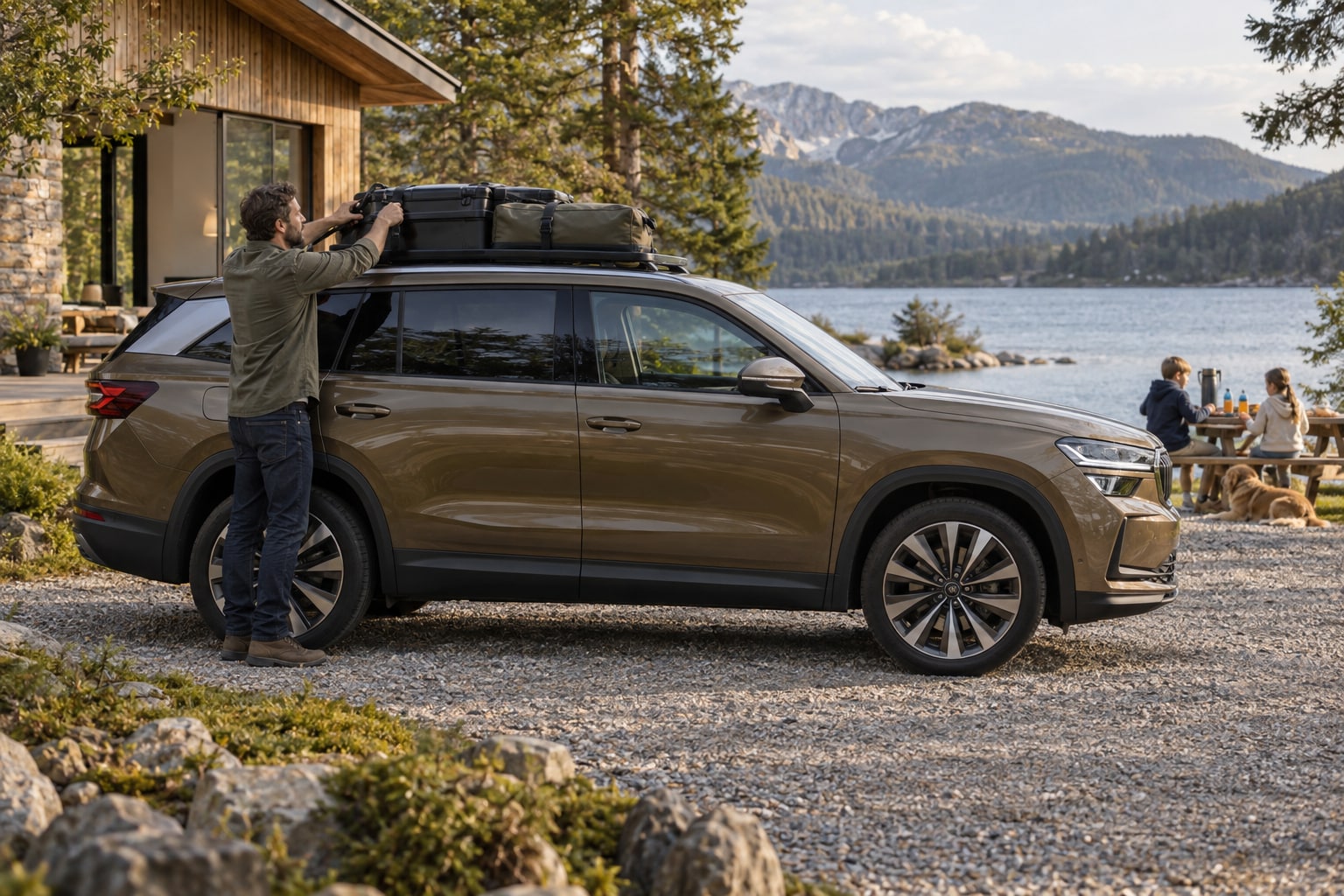 Mann befestigt Dachgepäck an einem bronzefarbenen Škoda Kodiaq am Ferienhaus