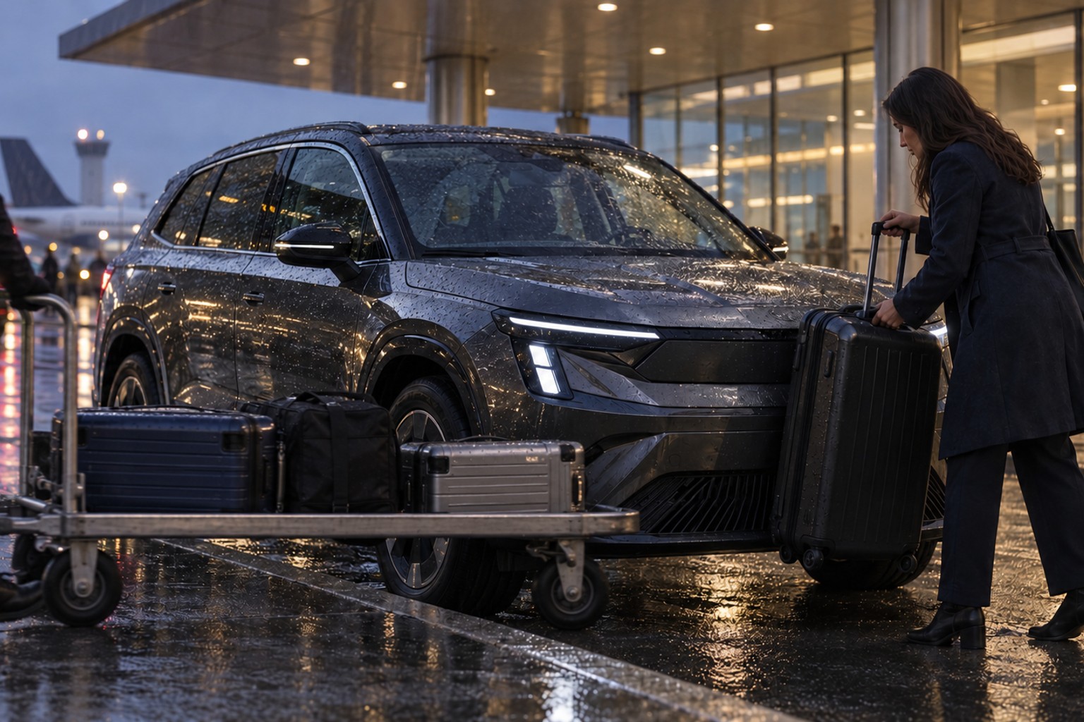 Škoda Peaq: Familien-Fahrerkreis und Reisekilometer vor Abschluss abstimmen. Frau mit Reisekoffer neben einem grauen Skoda Peaq am regennassen Flughafen