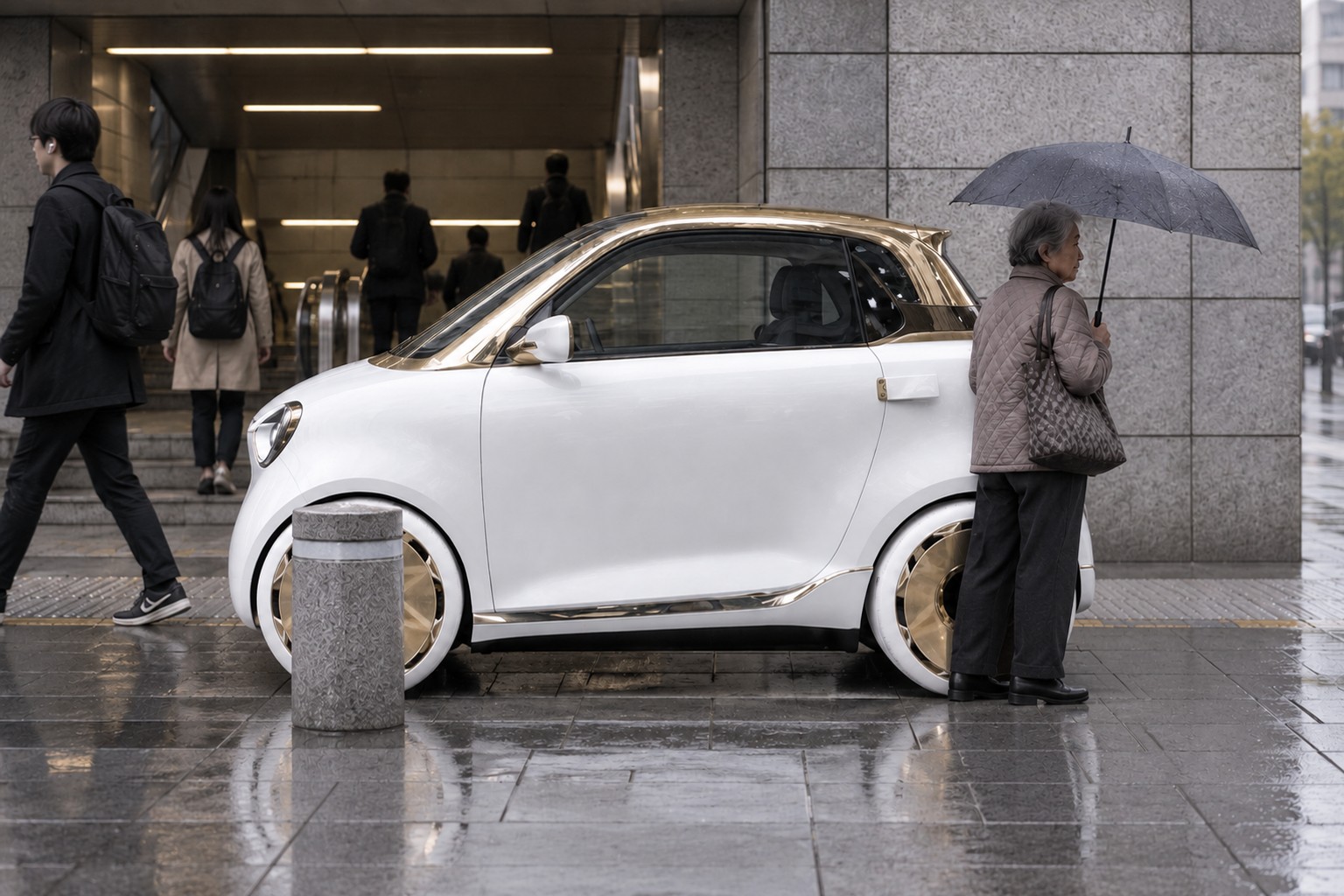 Frau mit Regenschirm neben dem weiß-goldenen smart Concept #2 vor einem U-Bahn-Eingang