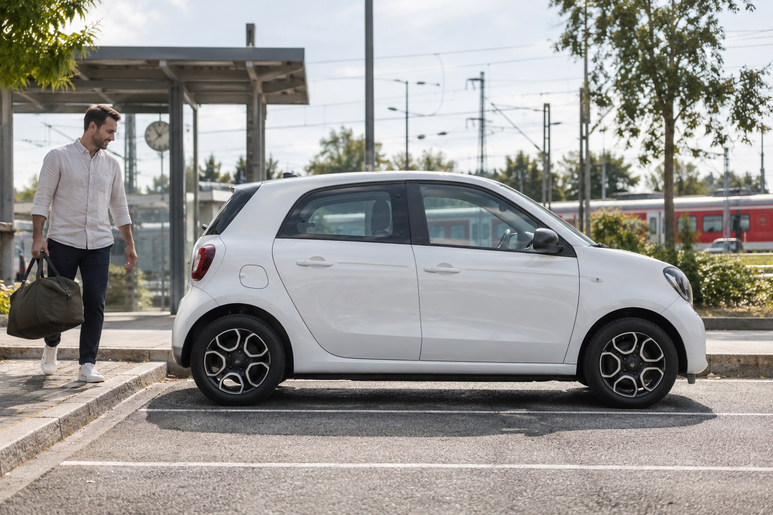 smart forfour Kfz-Versicherung: Generation und elektrische EQ-Ausführung sind getrennte Auswahlmerkmale. Weißer viertüriger Kleinstwagen mit Mann an einem überdachten Parkplatz: Smart forfour Autoversicherung