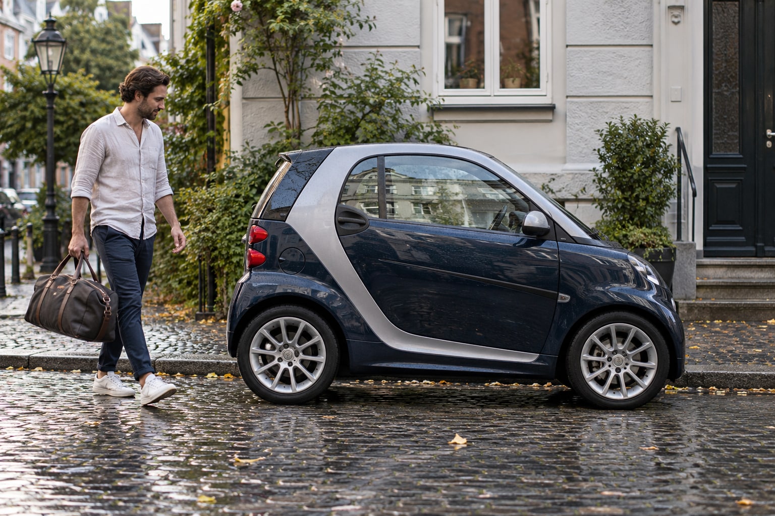 Blauer zweisitziger Kleinstwagen mit Frau auf einer Einfahrt: Smart fortwo Kfz-Versicherung
