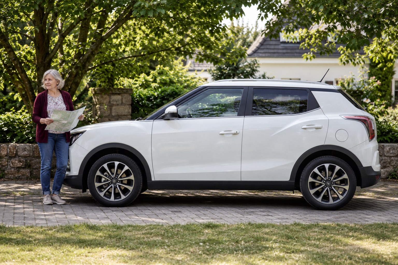 Weißer kompakter SUV mit Frau vor einem Garten: SsangYong / KGM Autoversicherung