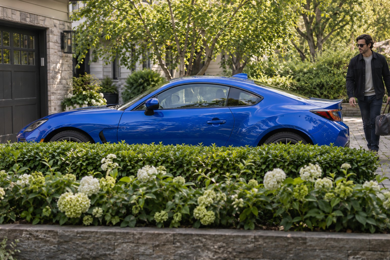 Blauer Subaru BRZ im Seitenprofil auf einer Hauseinfahrt