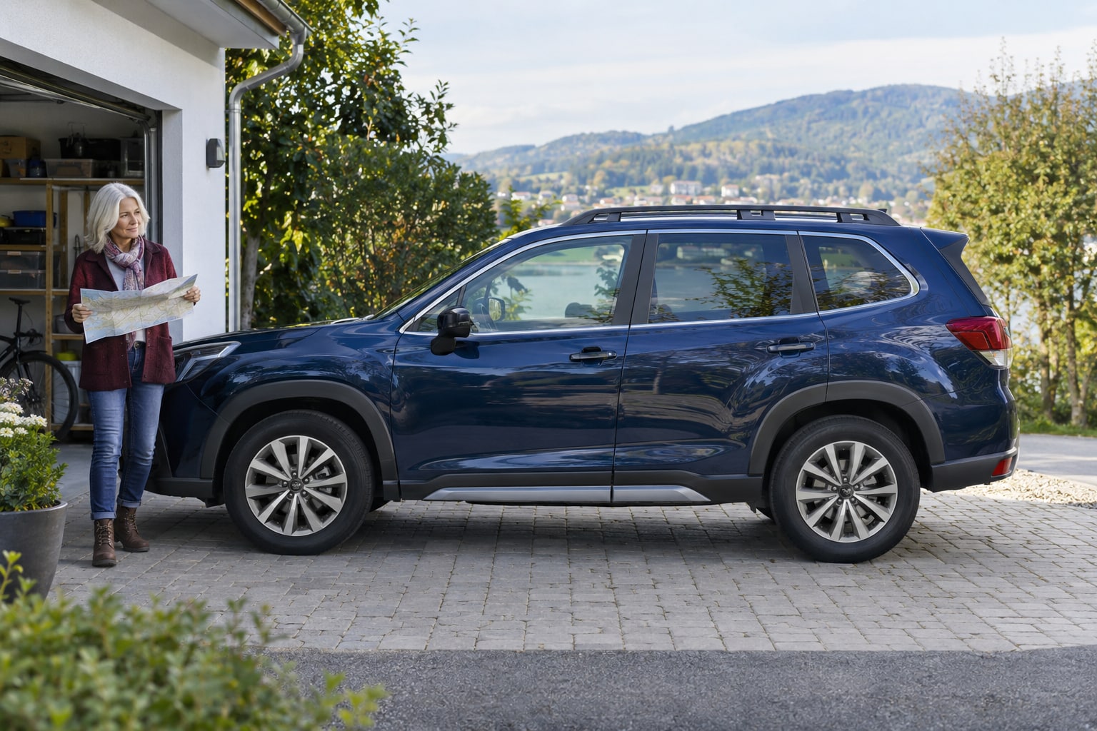 Blauer SUV mit Frau auf einer Einfahrt: Subaru Forester Autoversicherung