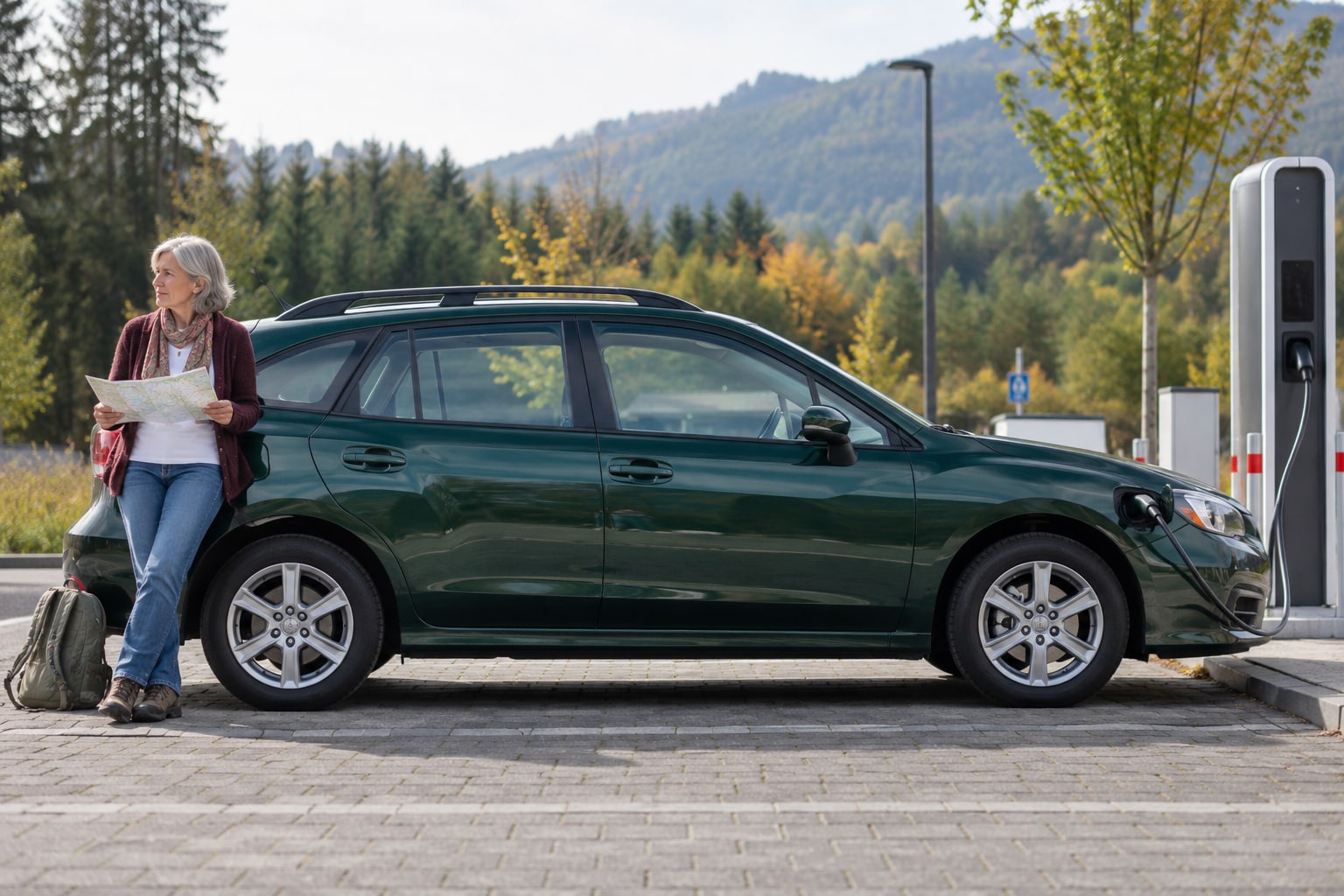Subaru Impreza Autoversicherung: e-BOXER-Kompaktwagen und ältere Turbo-Ausführungen getrennt zuordnen. Grüner Kompaktwagen mit Frau vor einer Bergkulisse: Subaru Impreza Kfz-Versicherung