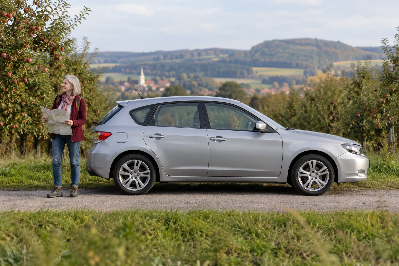 Subaru Kfz-Versicherung: Boxer- und Allradausführung mit passender Kasko und Reparatur vergleichen. Subaru Autoversicherung: Silberner Kompaktwagen mit Frau an einer Wiese
