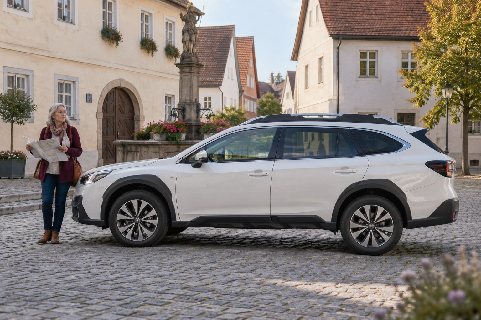 Subaru Outback Autoversicherung: erhöhten Kombi und eigene Antriebsfamilie für den Tarifvergleich unterscheiden. Subaru Outback: weißer erhöhter Kombi mit Frau auf einem Altstadtplatz