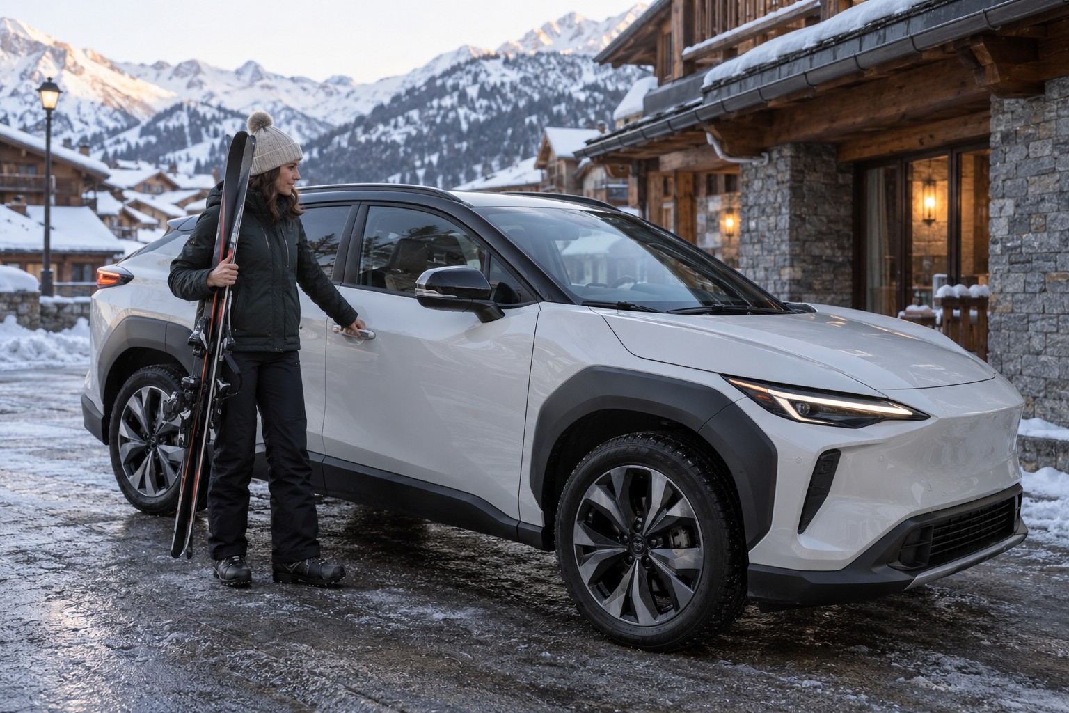 Frau mit Skiern neben einem weißen Subaru Uncharted in einem verschneiten Bergdorf