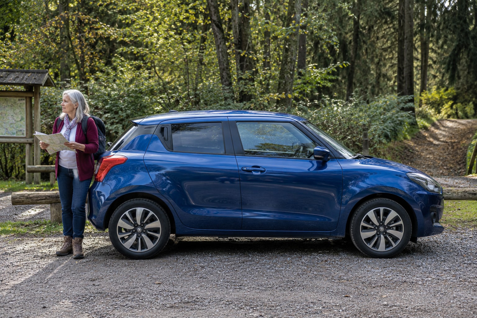 Suzuki Kfz-Versicherung: Kleinwagen, SUV und Nutzfahrzeugausführungen mit ihren eigenen Daten vergleichen. Suzuki Autoversicherung: Blauer Kleinwagen mit Frau vor einer Waldkulisse