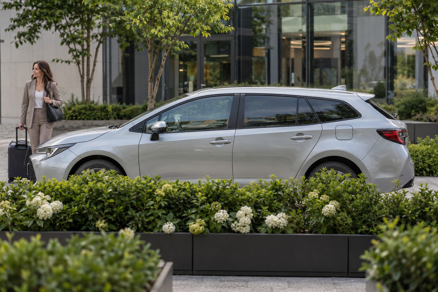 Suzuki Swace im Seitenprofil; silberner Wagen mit natürlichen Vordergrundpflanzen