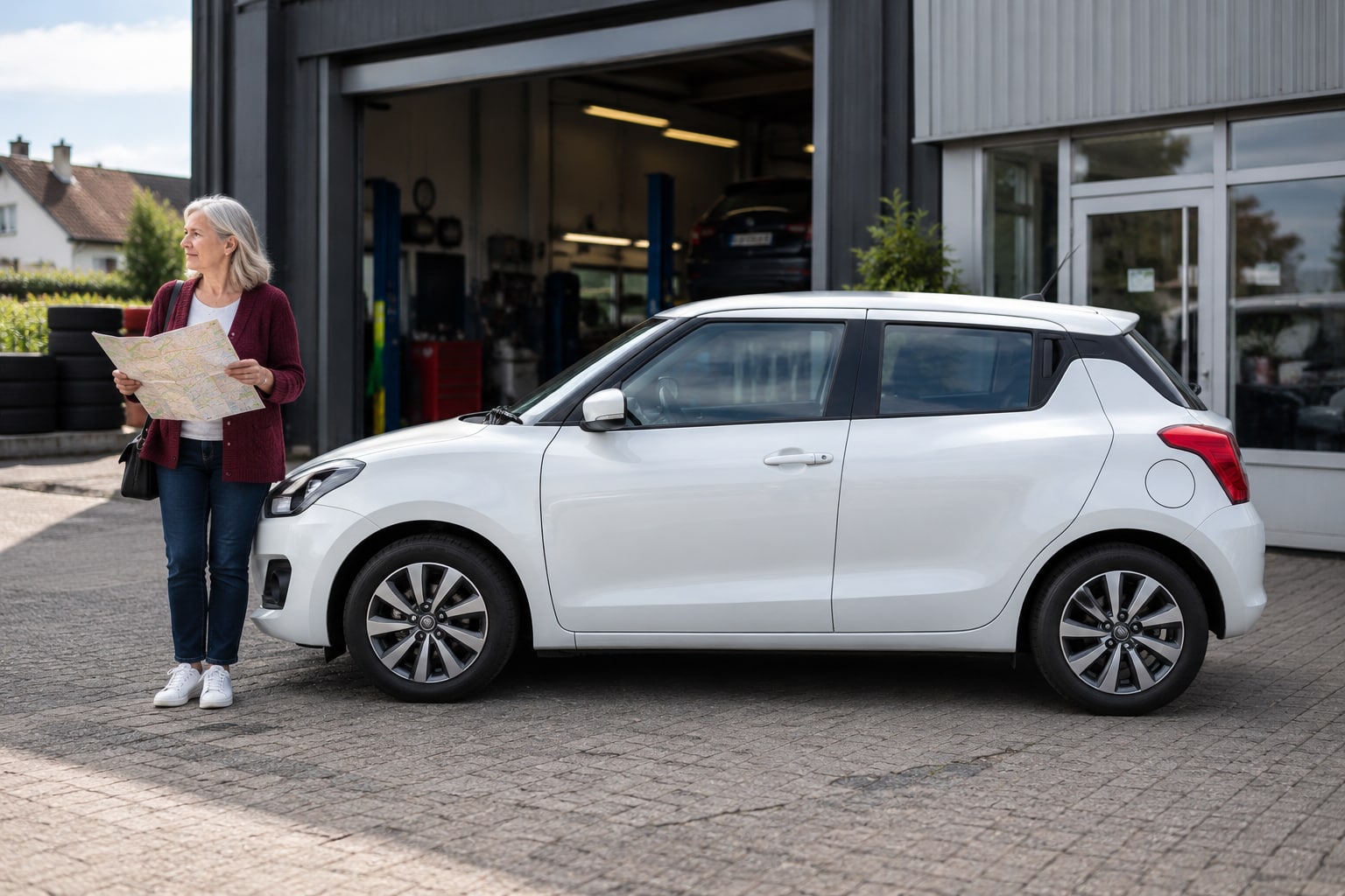 Weißer Kleinwagen mit Frau vor einer Werkstatt: Suzuki Swift Kfz-Versicherung
