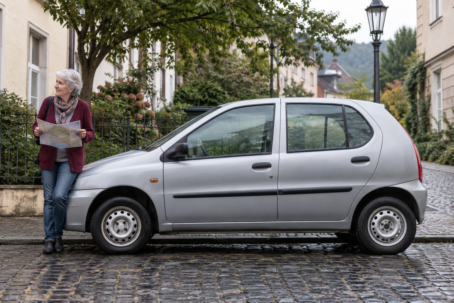 Tata Indica Kfz-Versicherung: Kompaktwagenversion, Motor und Zustand für den Schutzvergleich erfassen. Silberner kleiner Fünftürer mit Frau auf einer Einfahrt: Tata Indica Kfz-Versicherung