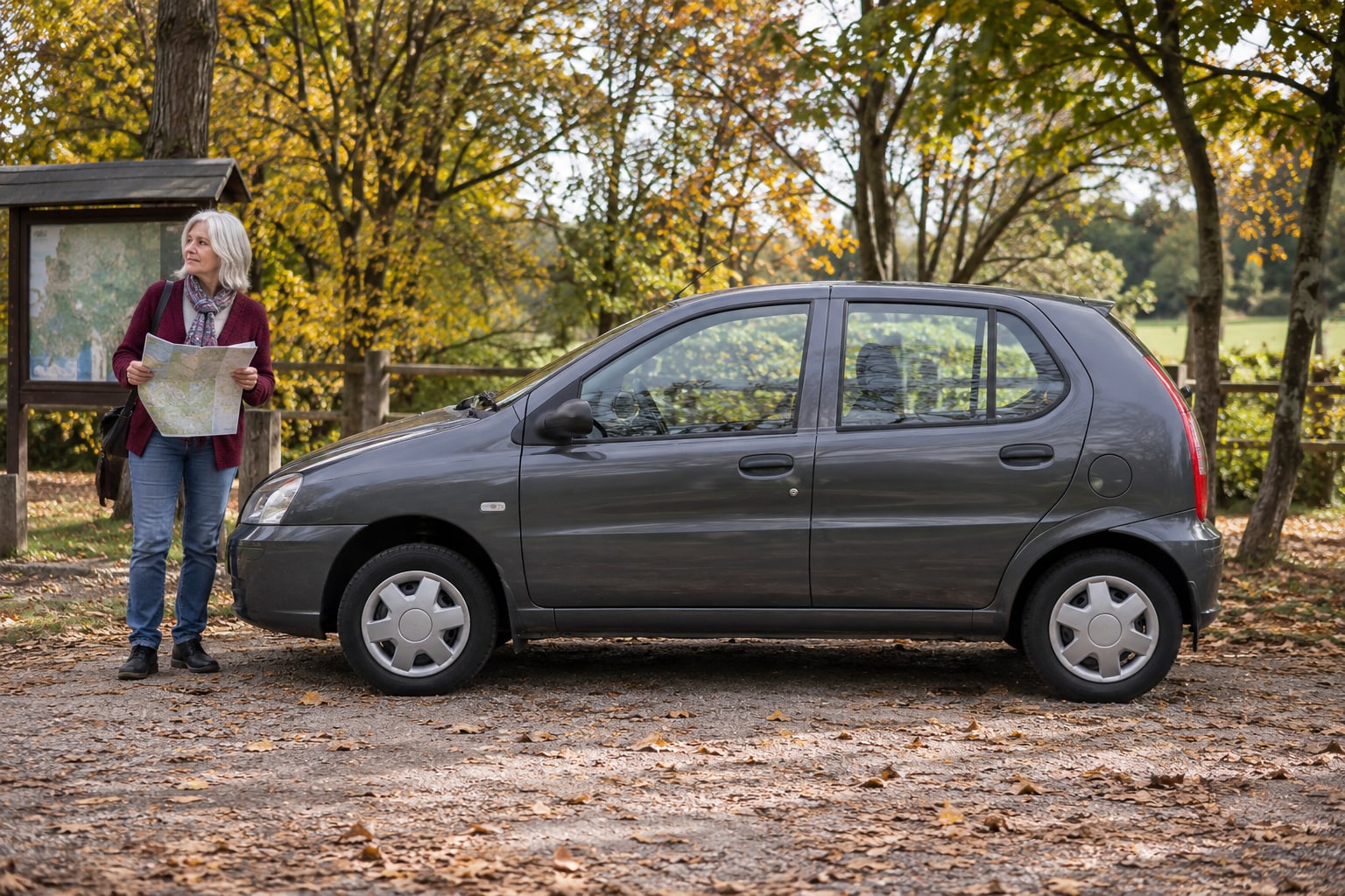 Tata Autoversicherung: Grauer kleiner Schrägheckwagen mit Frau im Herbst