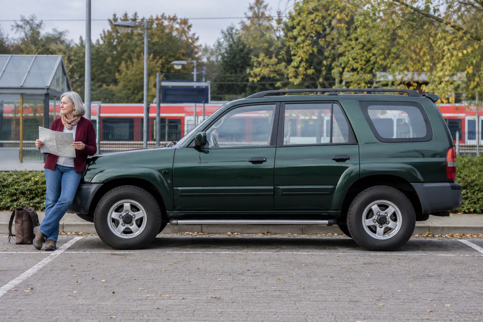 Tata Safari Autoversicherung: ältere SUV und neuere Generation mit ihren eigenen Sitz- und Technikdaten unterscheiden. Grüner großer SUV mit Frau an einem überdachten Parkplatz: Tata Safari Autoversicherung