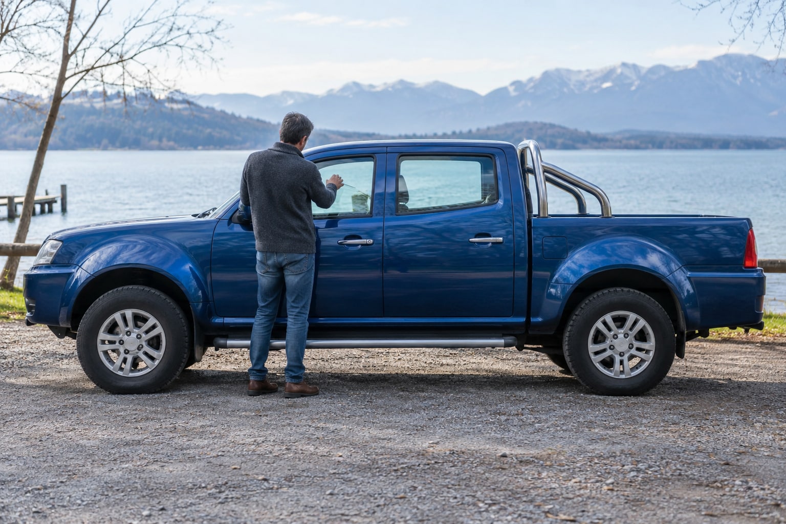 Blauer Doppelkabinen-Pickup mit Mann am See: Tata Xenon Kfz-Versicherung