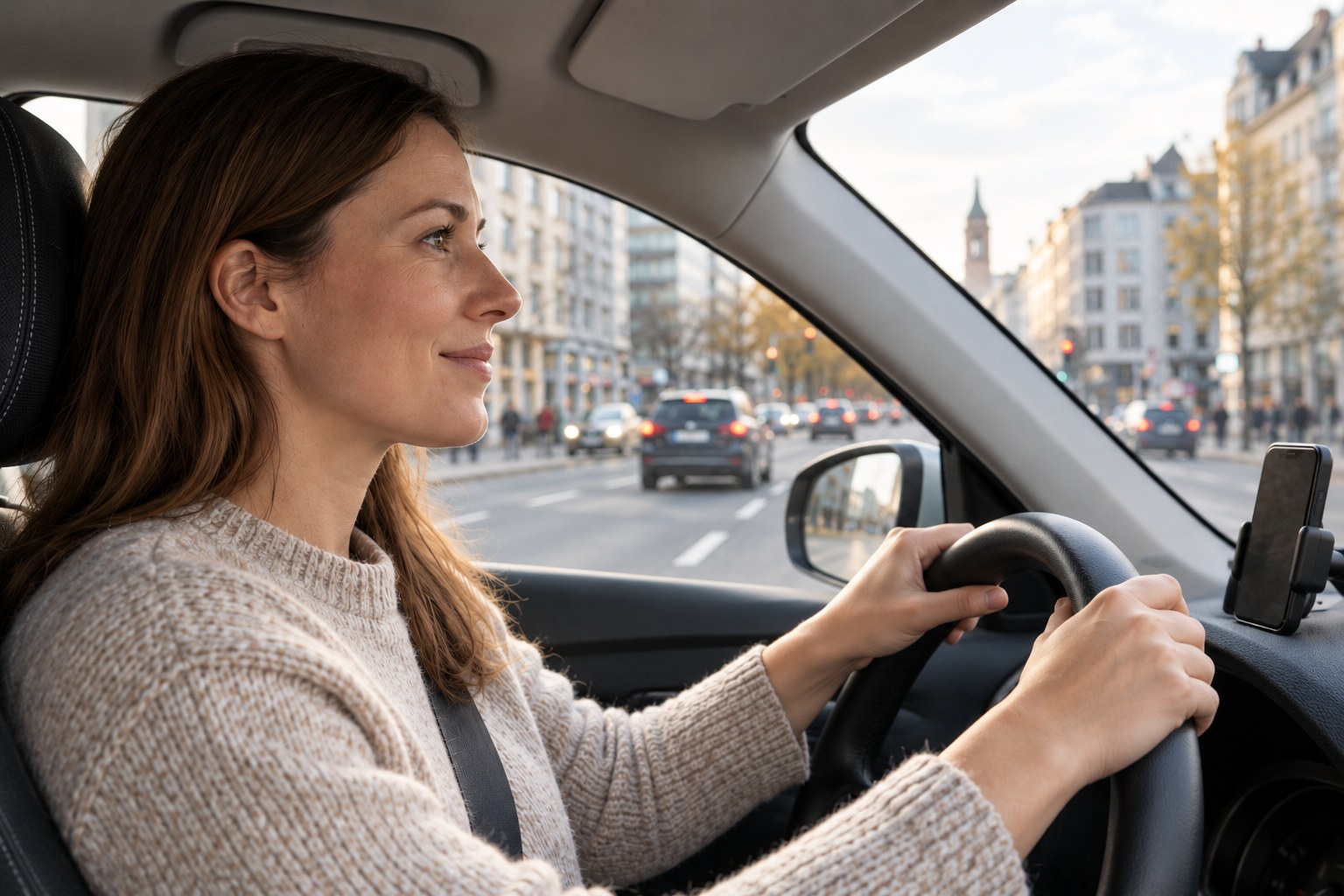 Blick vom Beifahrersitz auf die Hände eines angeschnallten Autofahrers