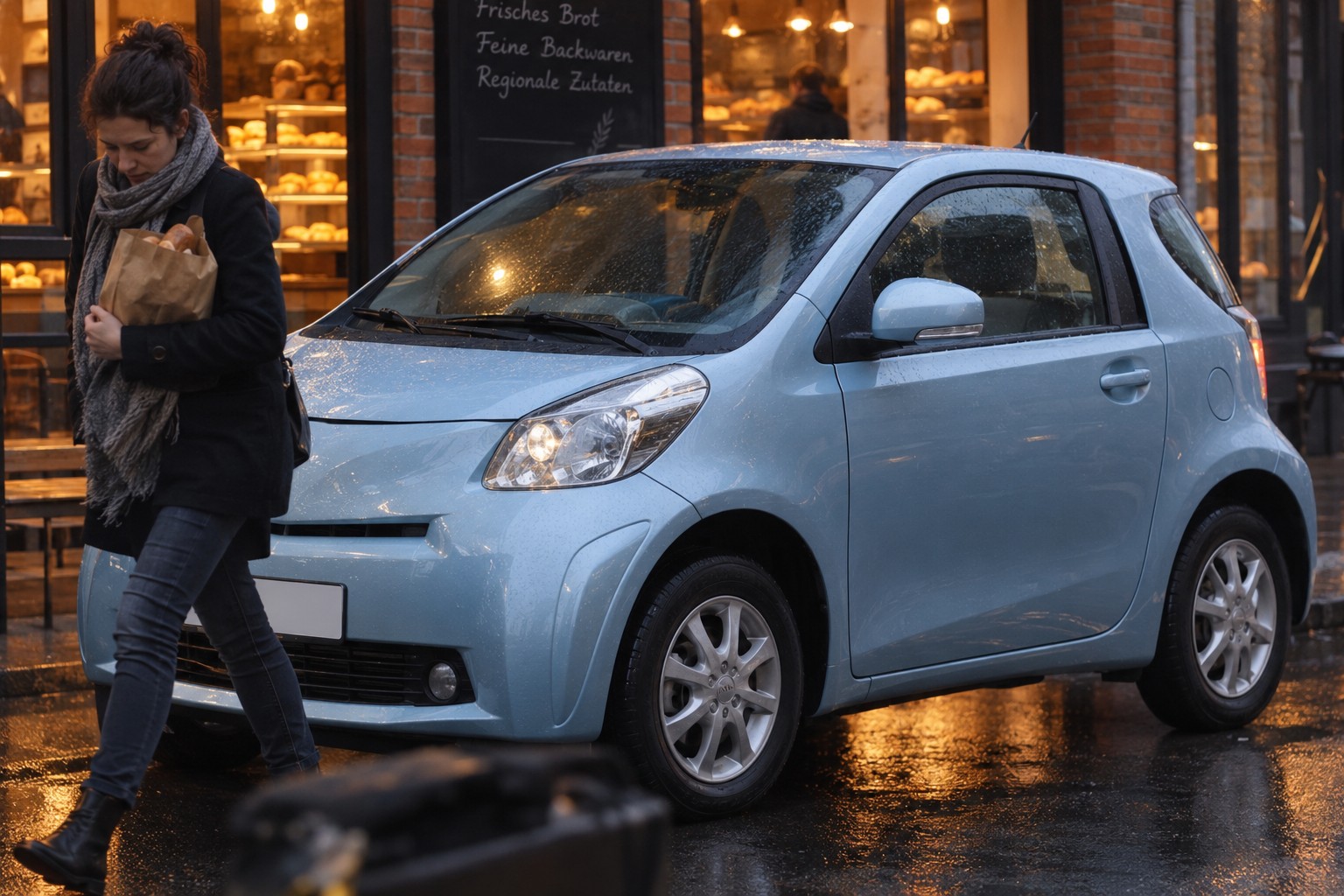 Toyota iQ: Der Toyota iQ bleibt trotz seiner kurzen Karosserie ein eigenes Modell mit eigenen Versicherungsvarianten. Hellblauer Toyota iQ vor einer Bäckerei auf nasser Straße