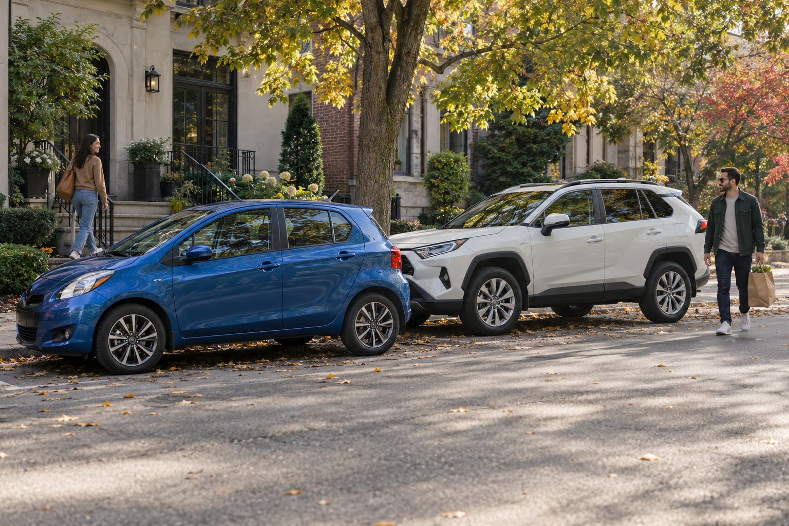 Toyota Autoversicherung: Hybridakku, Fahrzeugvariante und Kaskoleistung vergleichen. Blauer Kleinwagen und weißer SUV an einer herbstlichen Wohnstraße